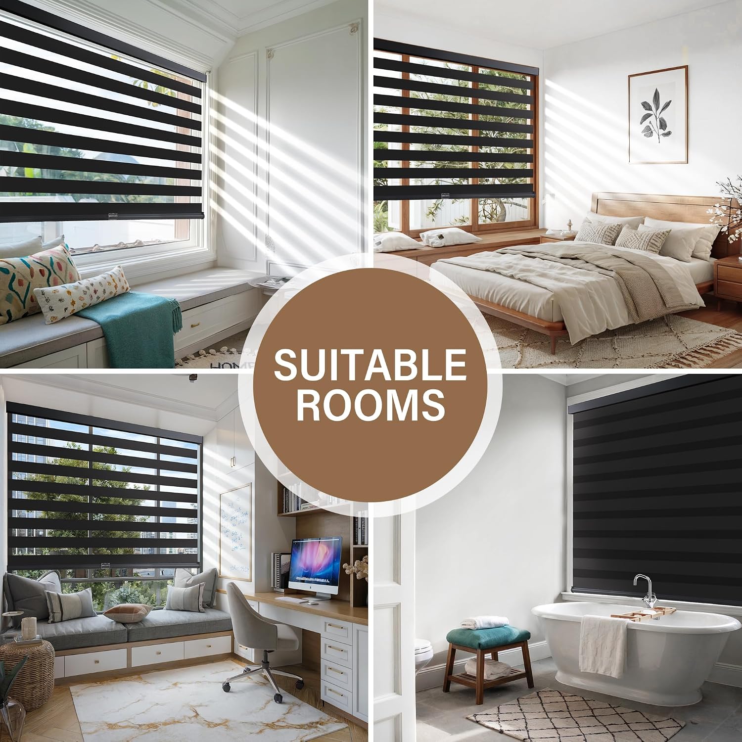 Detalle 2 de AOSKY Cordless Zebra Blinds for Windows (32" W x 72" H, Black) — Dual-Layer Light Filtering & Privacy