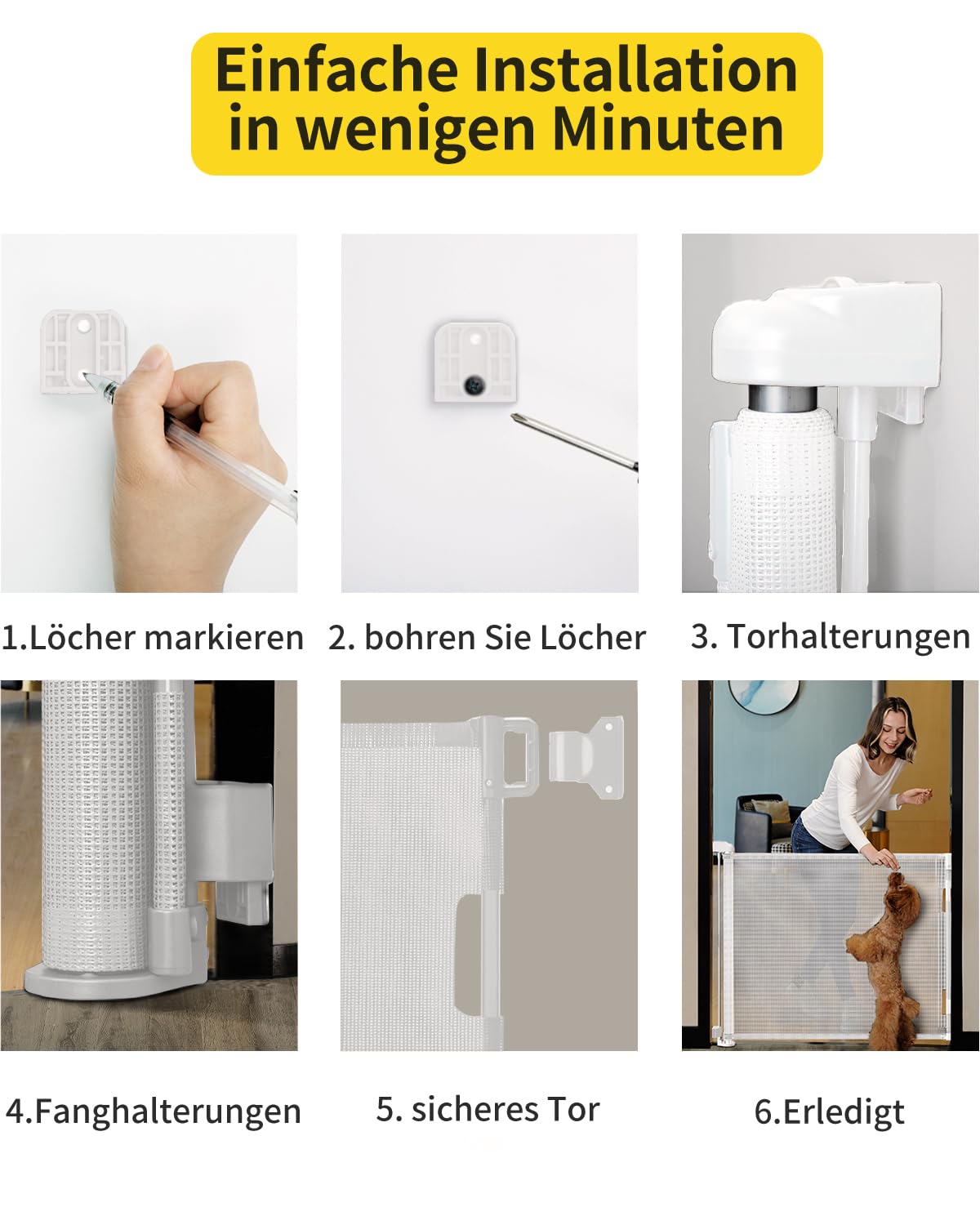 Thumbnail 4 de Retraktierbares Sicherheitsgitter für Babys & Haustiere – extra breit & hoch, 0–180 cm, für Türen & Treppen (weiß)