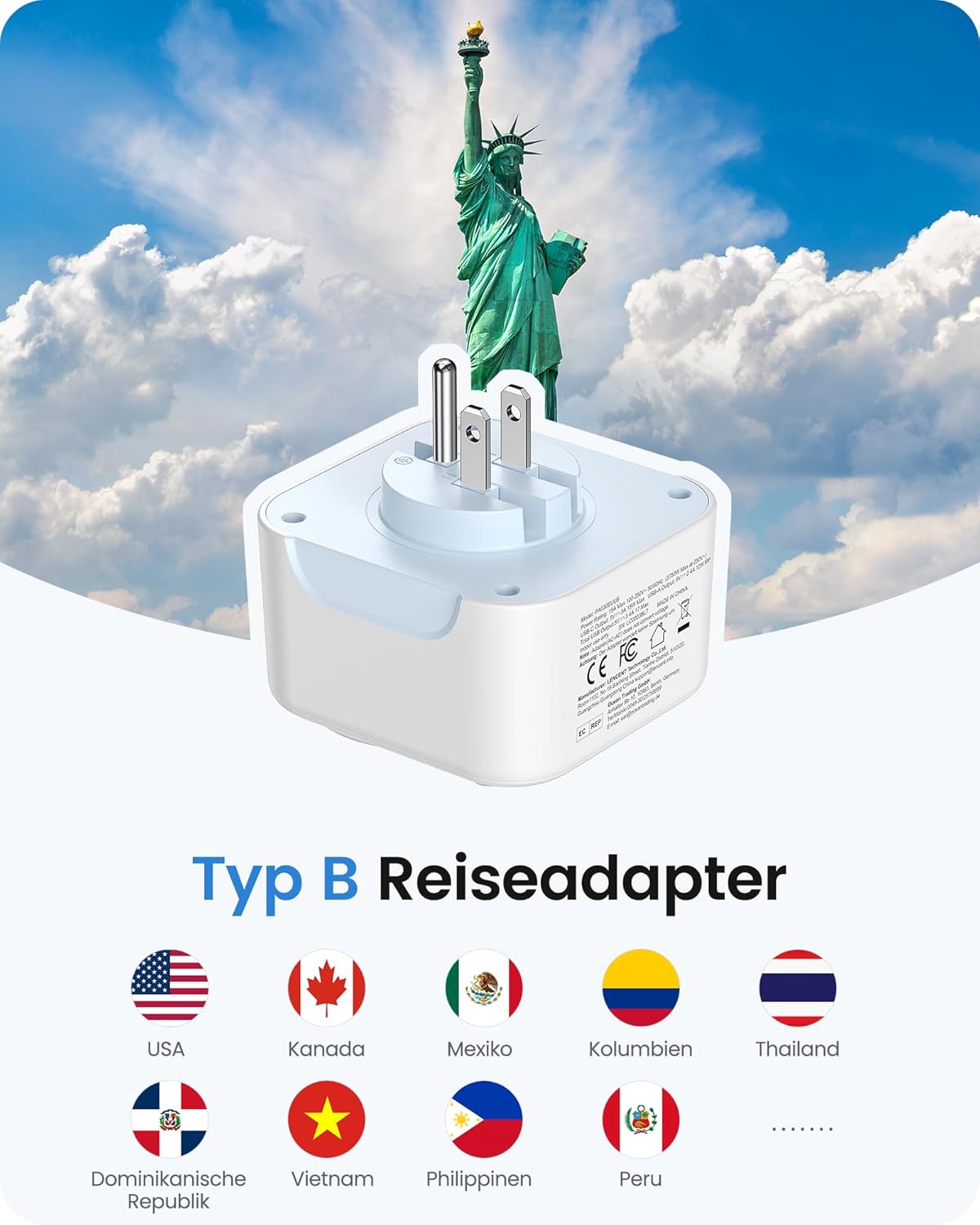 Detalle 2 de LENCENT Reisestecker USA–DE mit 2x USB‑C, 2x USB‑A 🔌
