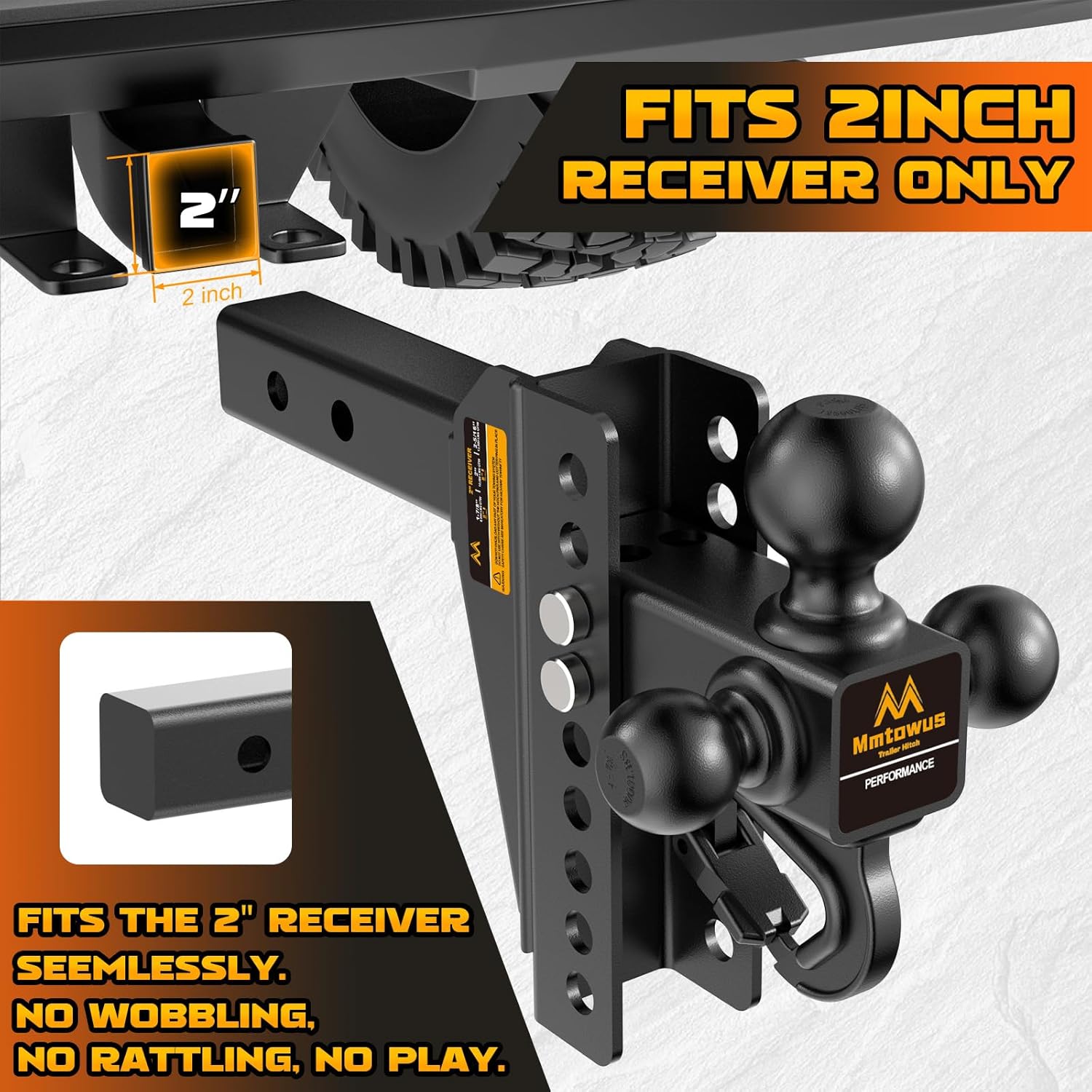 Detalle de Mmtowus Adjustable Trailer Hitch - Tri Ball Mount with Hook (1-7/8", 2", 2-5/16") for 2-Inch Receivers