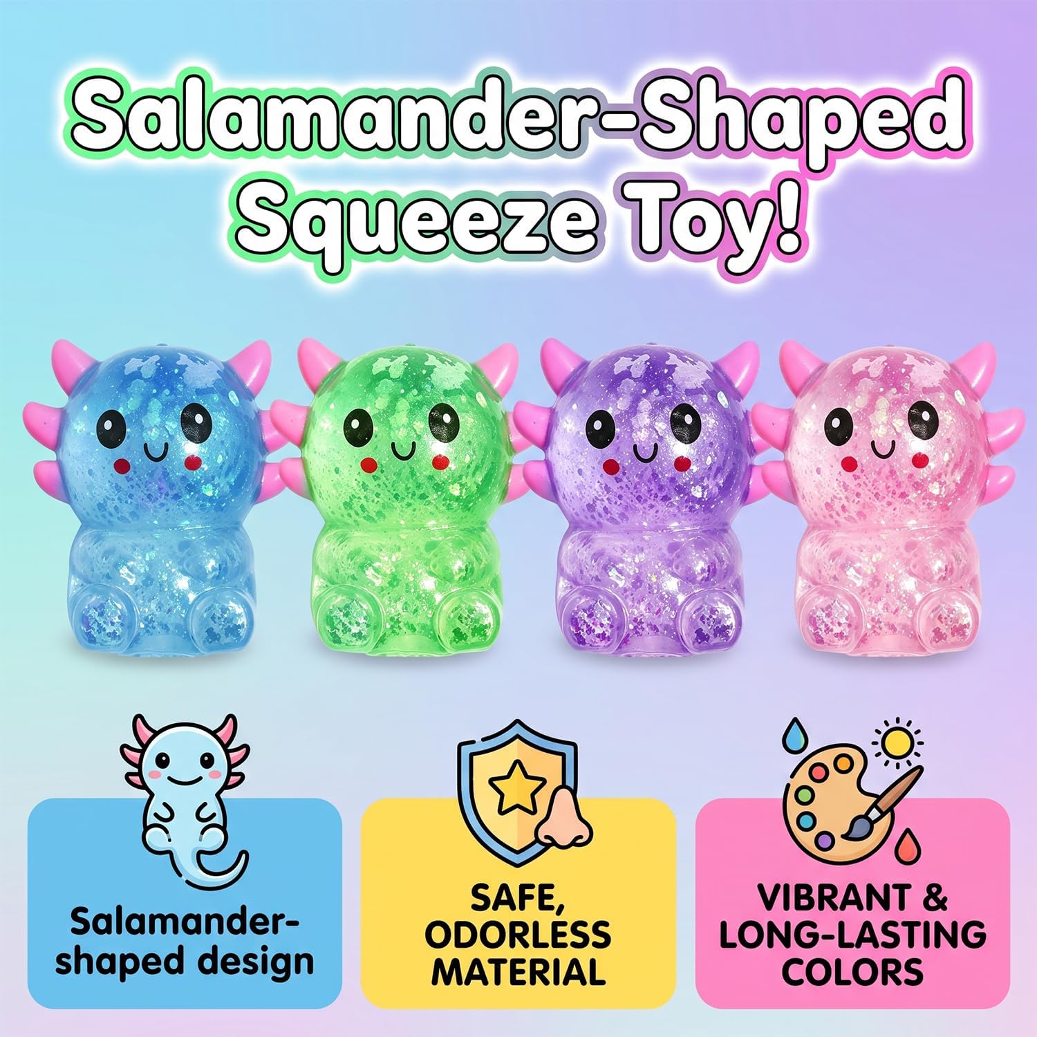 Detalle 2 de LAHAND squeeze toy Axolotl Squishies, 4-Pack TPR Glitter Fidget Toys