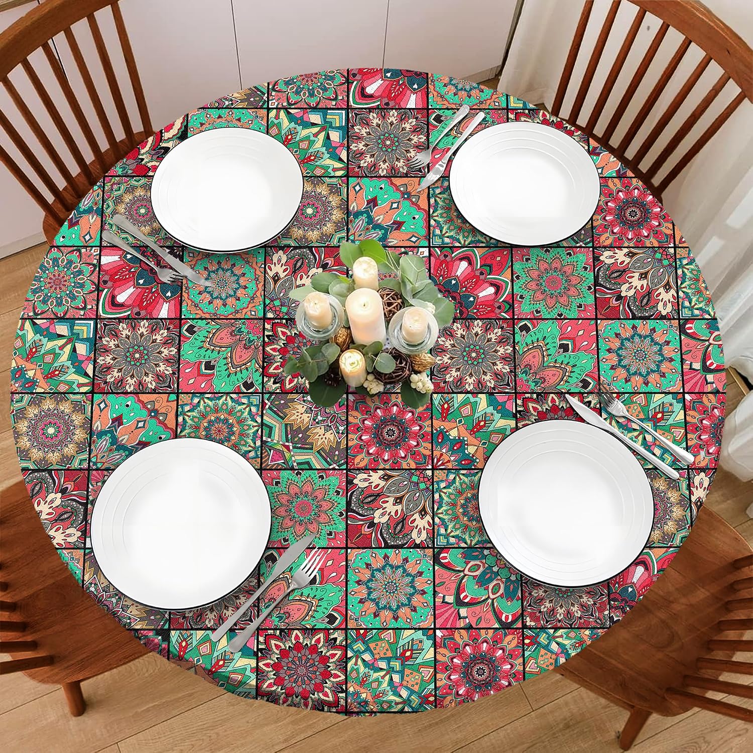 Detalle de BOOWEATS Round Fitted Tablecloth, 42-Inch