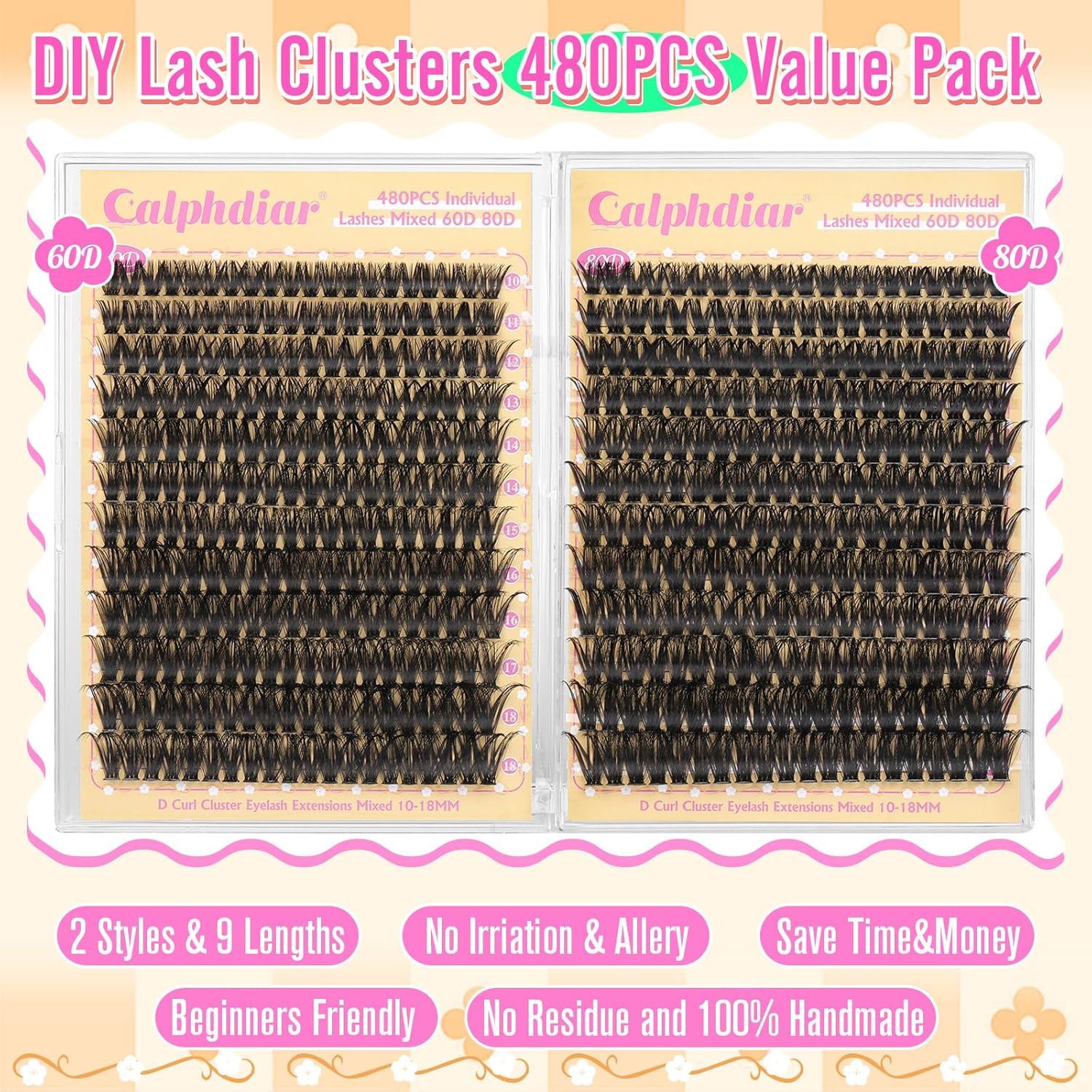Detalle 2 de calphdiar Lashes Clusters 60D+80D Thick Eyelash Clusters – 480Pcs Wispy DIY Extensions