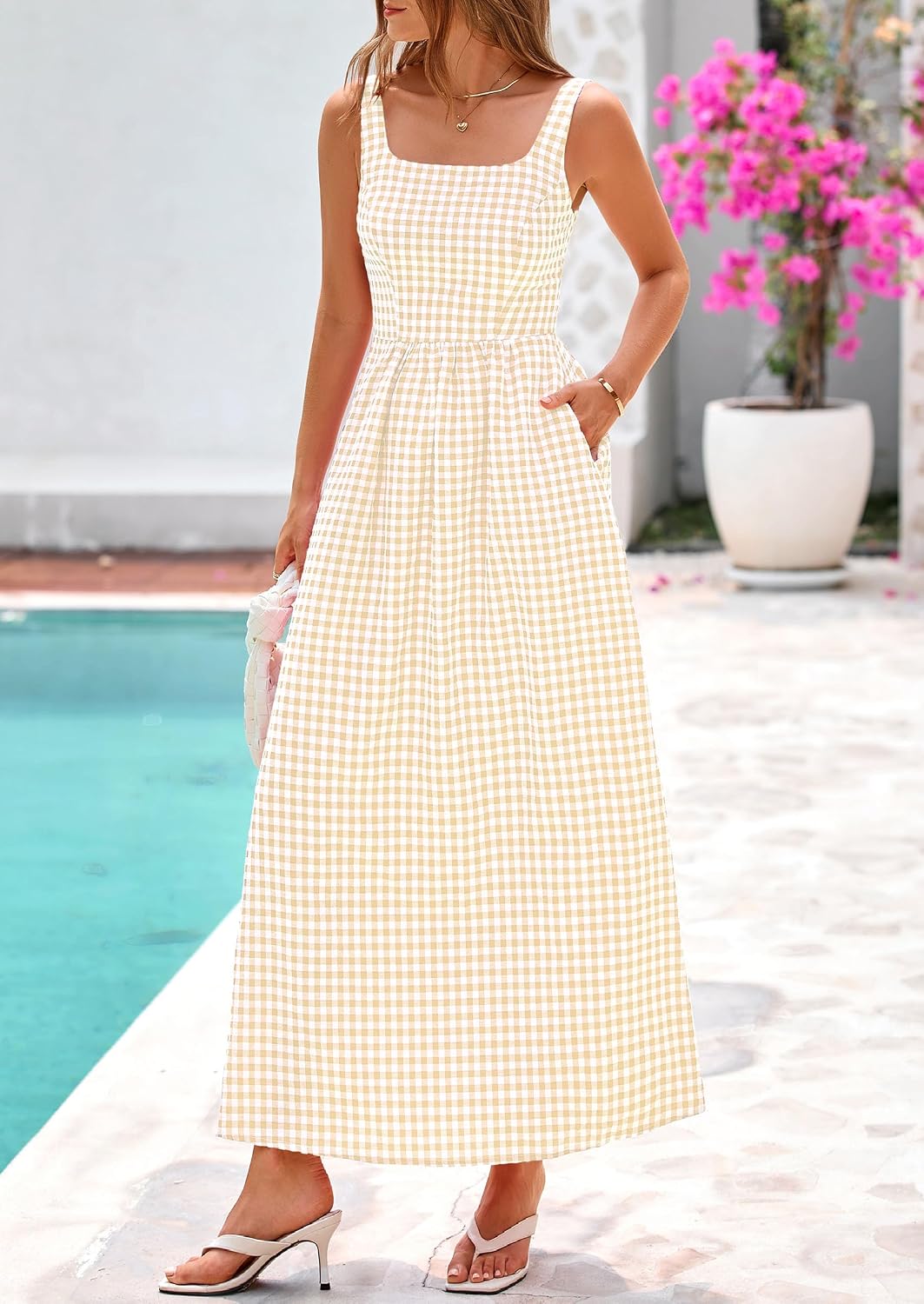 Detalle de PRETTYGARDEN Women's 2026 Summer Spaghetti Strap Maxi Dress in Plaid