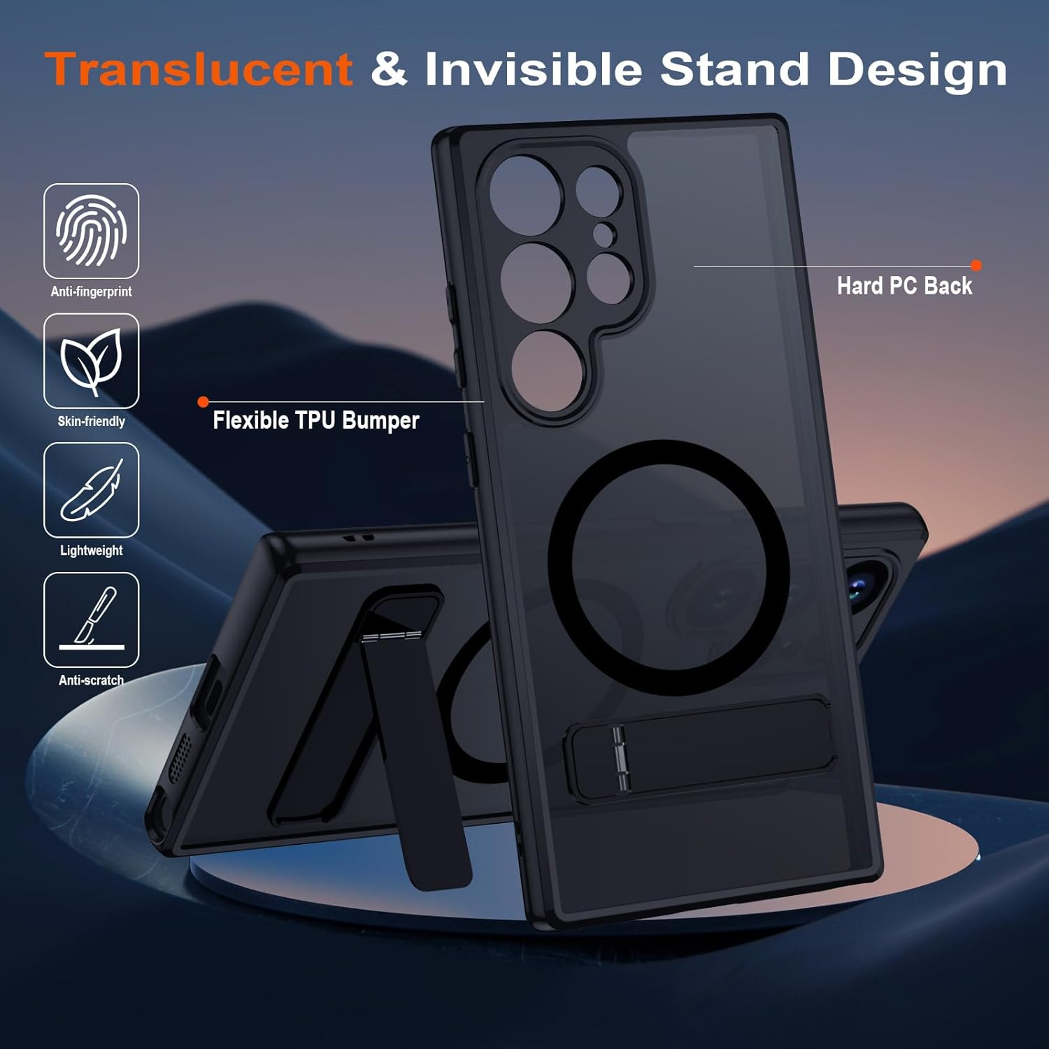 Thumbnail 4 de TUUTPU Coque S22 Ultra MagSafe – Étui translucide matte avec béquille magnétique et protection anti-chutes (Noir)