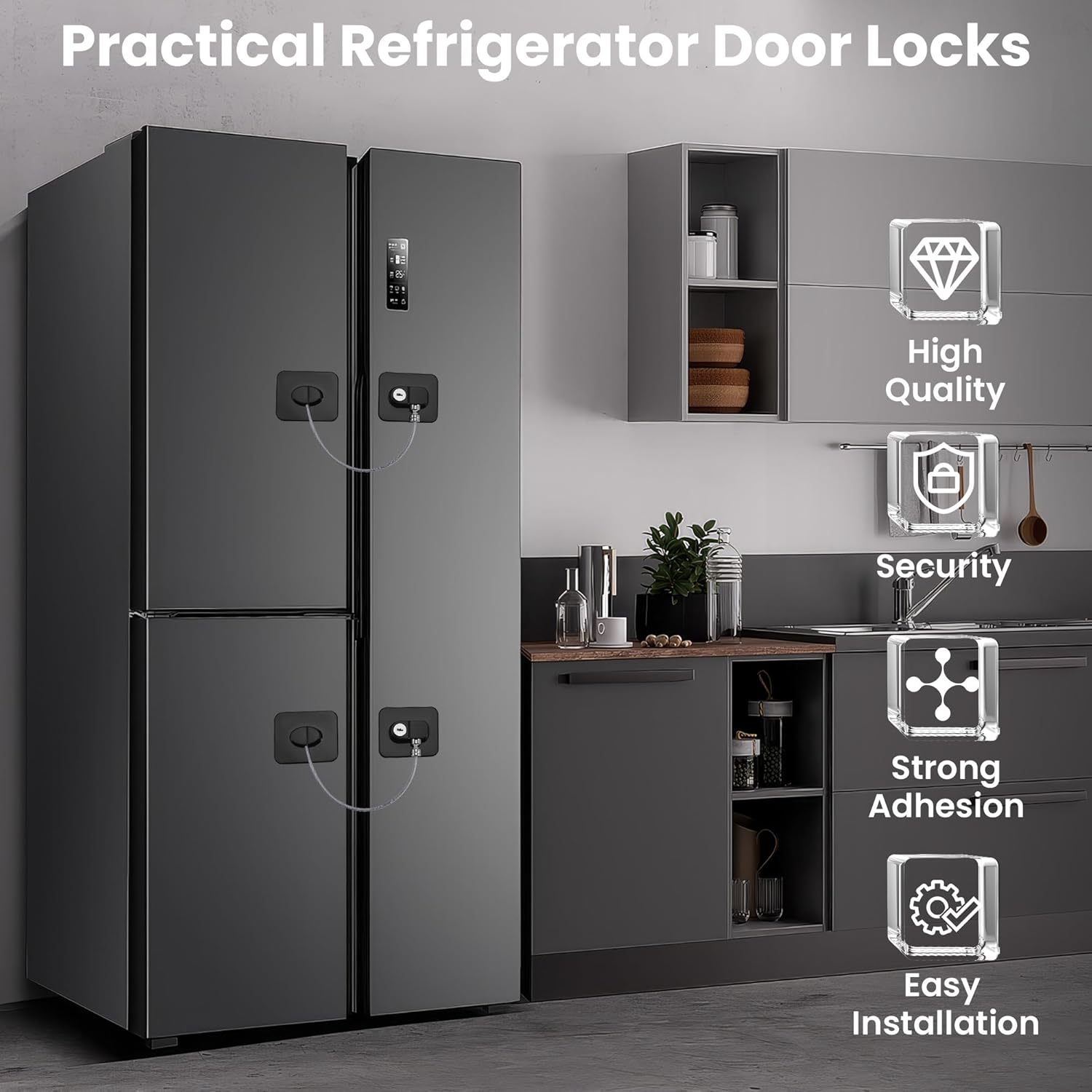 Detalle de Huiguli 2-pack Refrigerator Door Locks with Adhesive Cable Restrictor and Keys (Black)