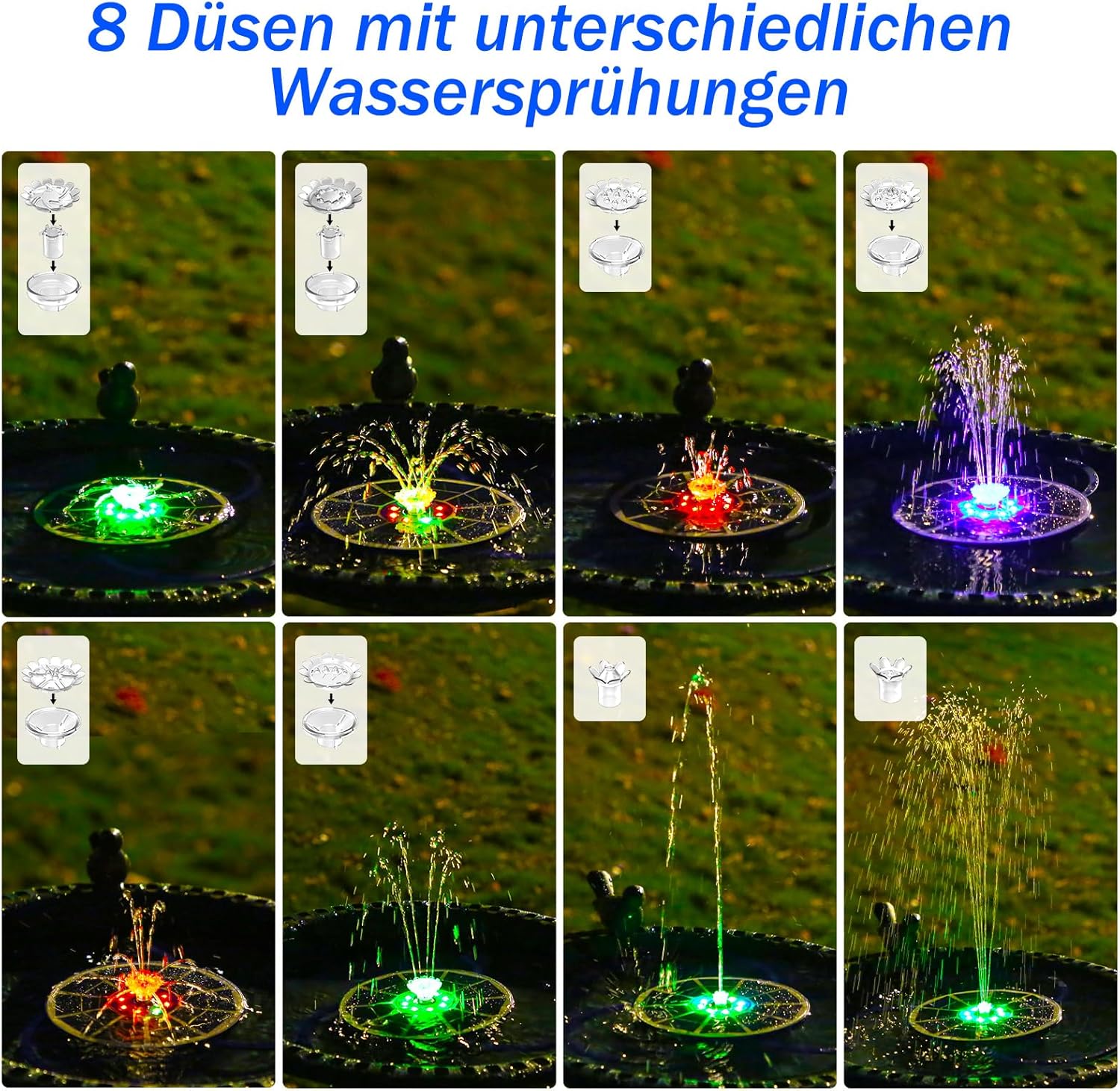 Detalle de AISITIN LED Solarbrunnen für Draußen – Blaues Glas, 3,5W Solarpumpe mit 3000mAh Akku