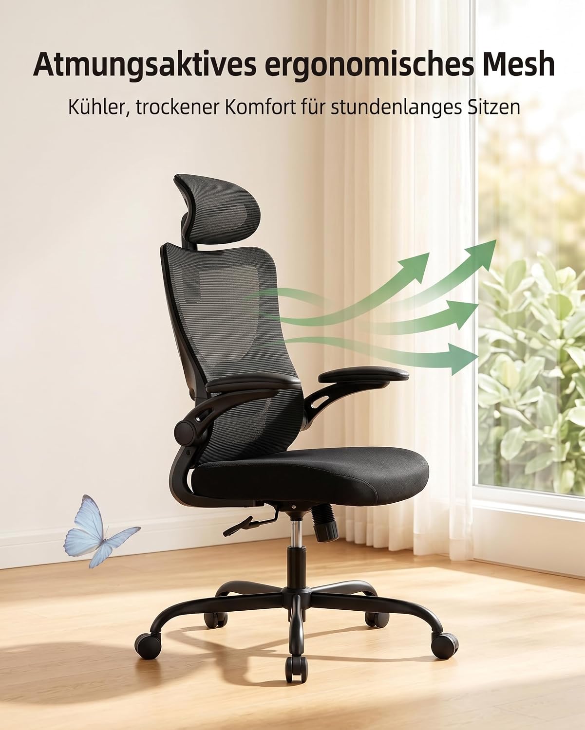 Detalle de Marsail Bürostuhl Ergonomisch – 2D Kopfstütze, 2D-Lendenwirbelstütze, 3D-Armlehnen und 8 cm Sitzkissen