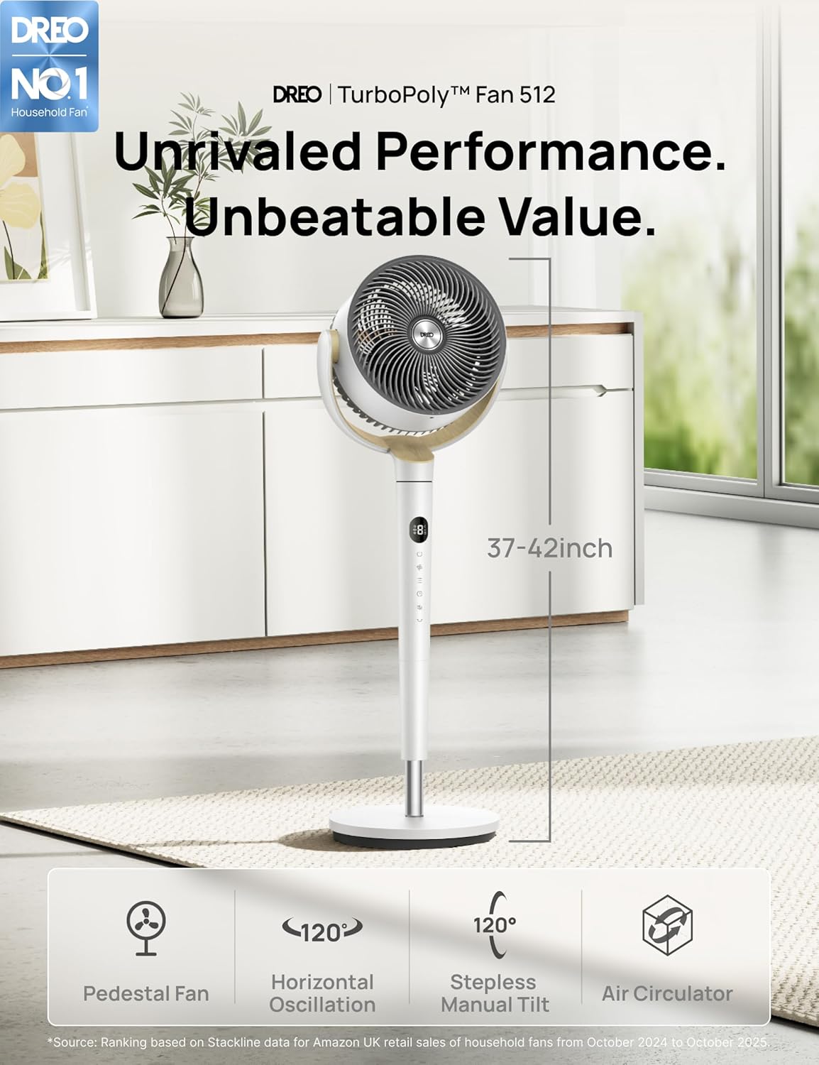 Thumbnail 1 de Dreo 20dB Ultra Quiet Standing Pedestal Fan with Remote, 120° Oscillation and 9 Speeds (Adjustable Height)