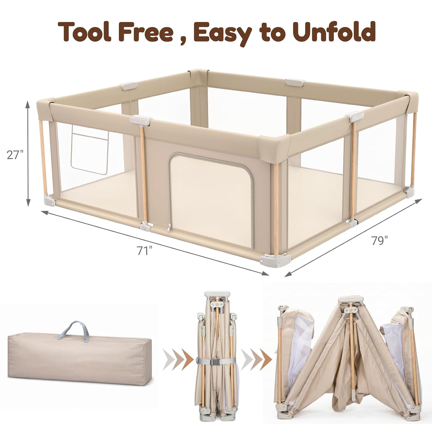 Detalle 2 de Cbcvvaer Foldable Baby Playpen with Mat, 71 × 79-Inch Khaki Mesh Play Yard