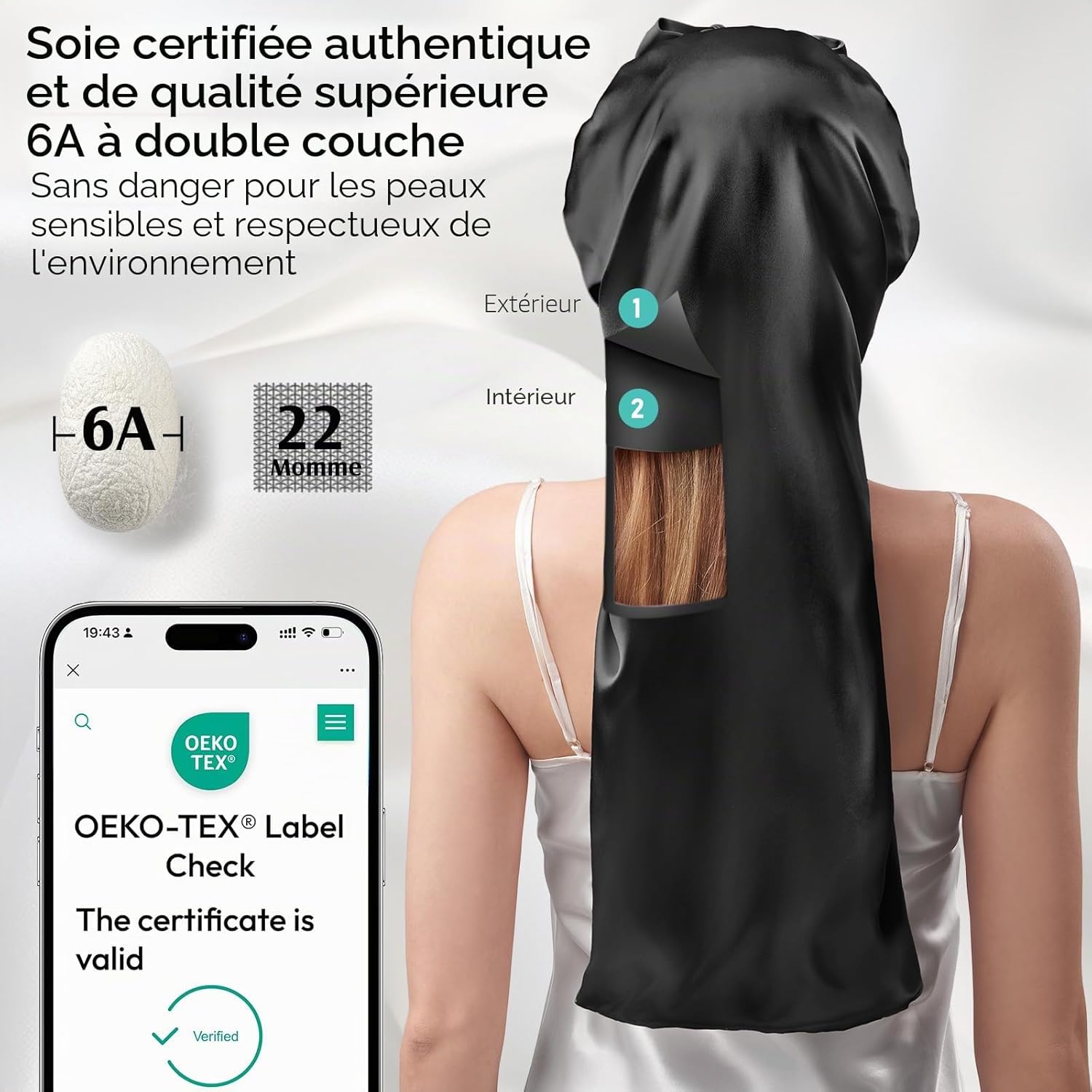 Detalle 2 de Umisleep Bonnet de Nuit 22 Momme en Soie de Mûrier – Double Face, Large, pour Cheveux Volumineux