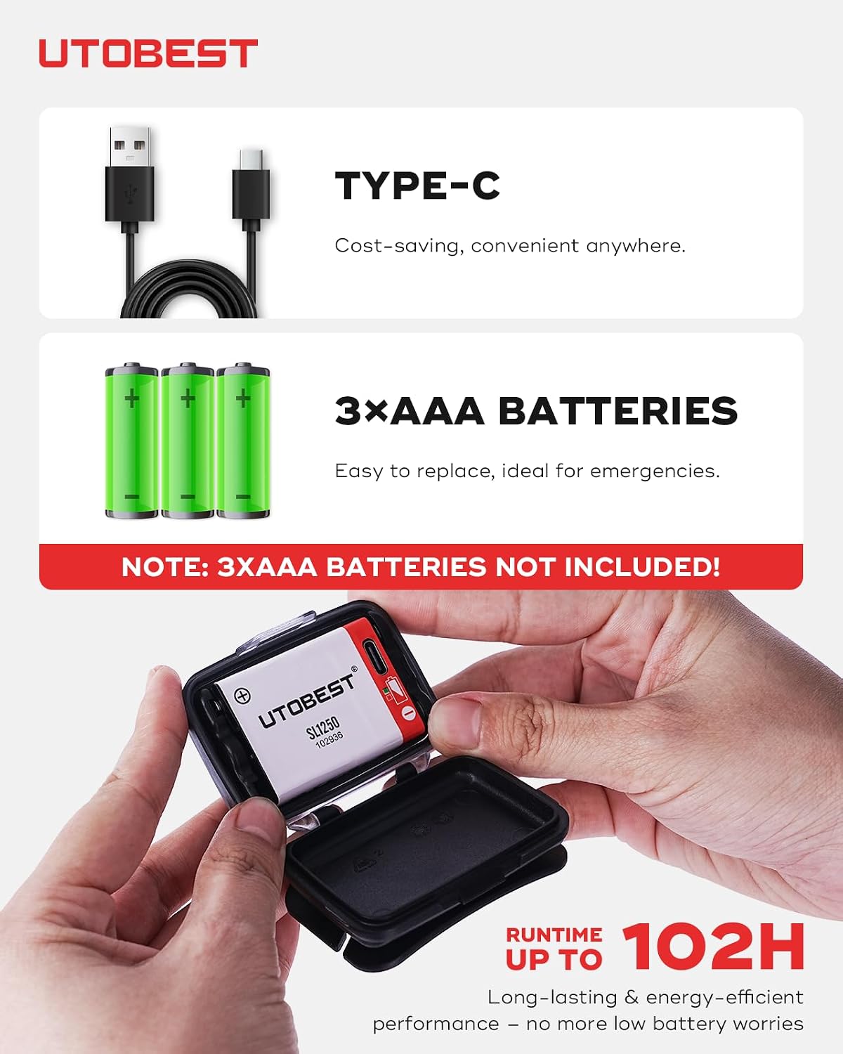 Detalle 2 de UTOBEST UTR701 Rechargeable Head Torch 500 LM 🔦