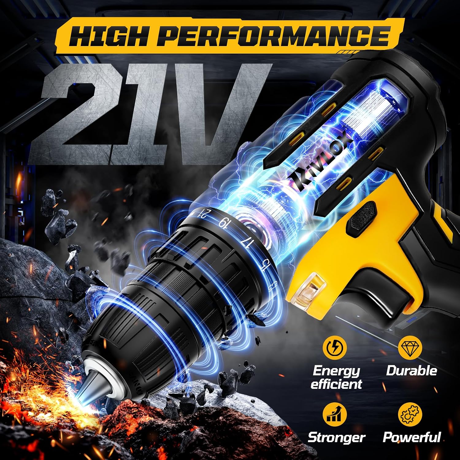 Thumbnail 3 de Rivlox Cordless Drill Set 21V – 21+1 Torque Combi Drill with 1.5Ah Battery and UK Charger