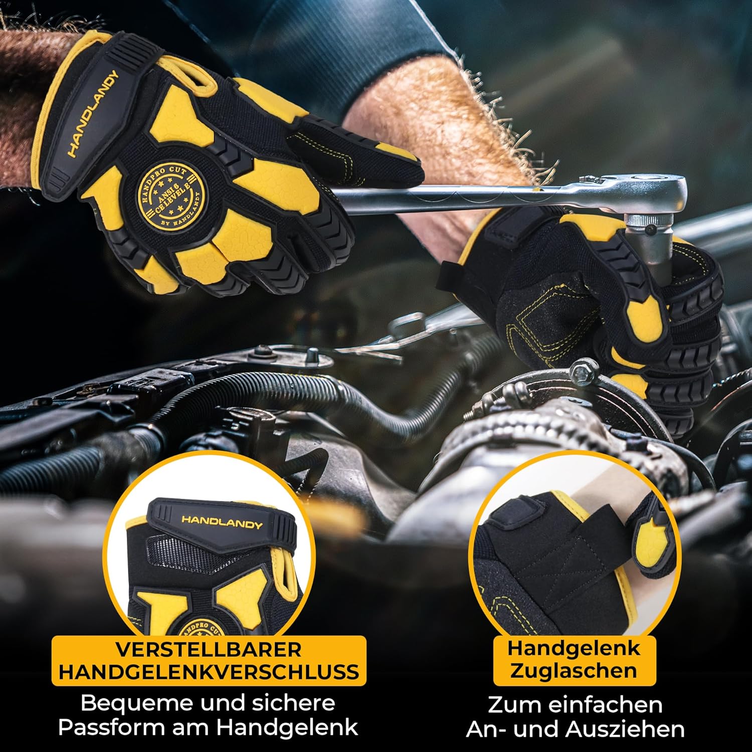 Thumbnail 4 de HANDLANDY Schnittfeste Handschuhe für Männer mit Anti-Vibrations-Schutz, gepolsterter PVC-Handfläche (Schwarz-Gelb) – Größe L