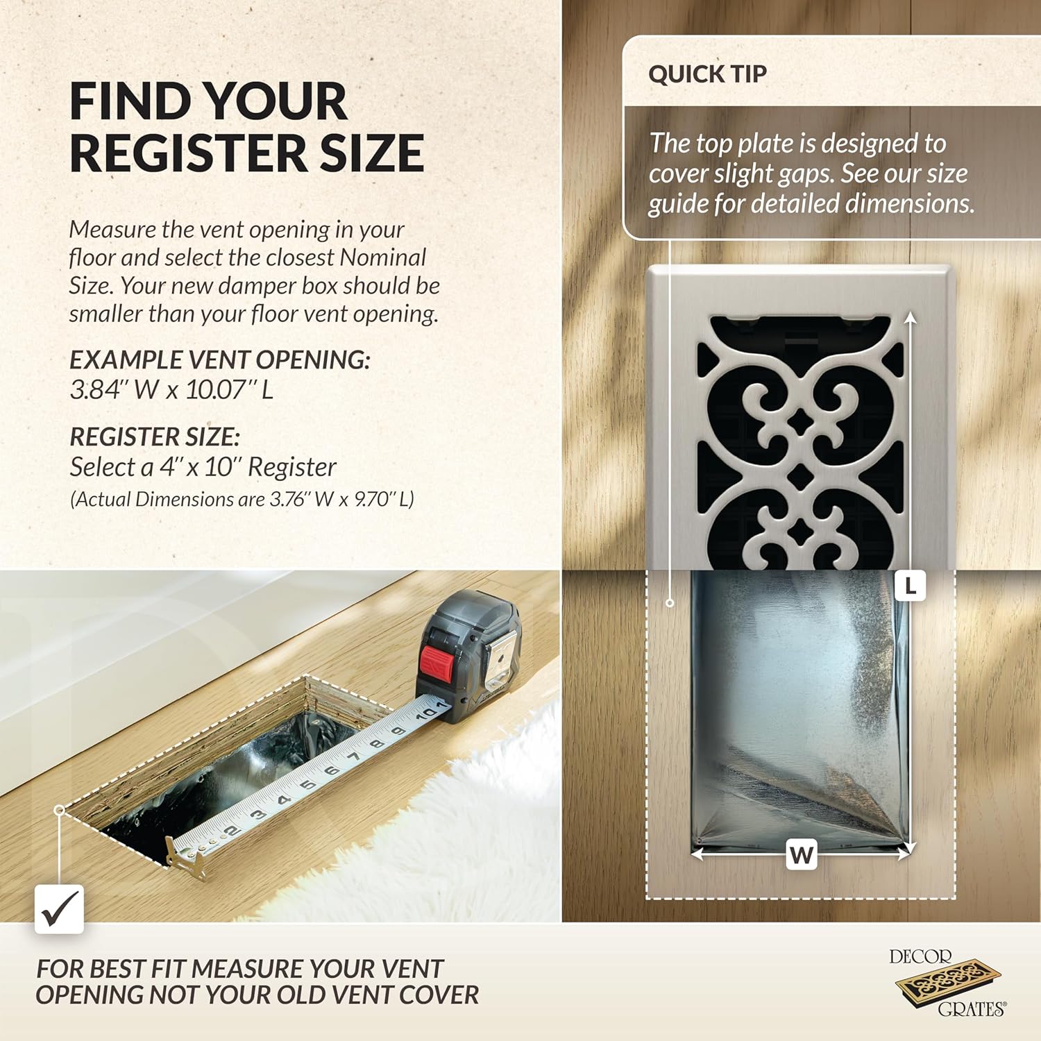 Detalle de Decor Grates SPH410-NKL Scroll Floor Register, 4x10, Brushed Nickel Finish