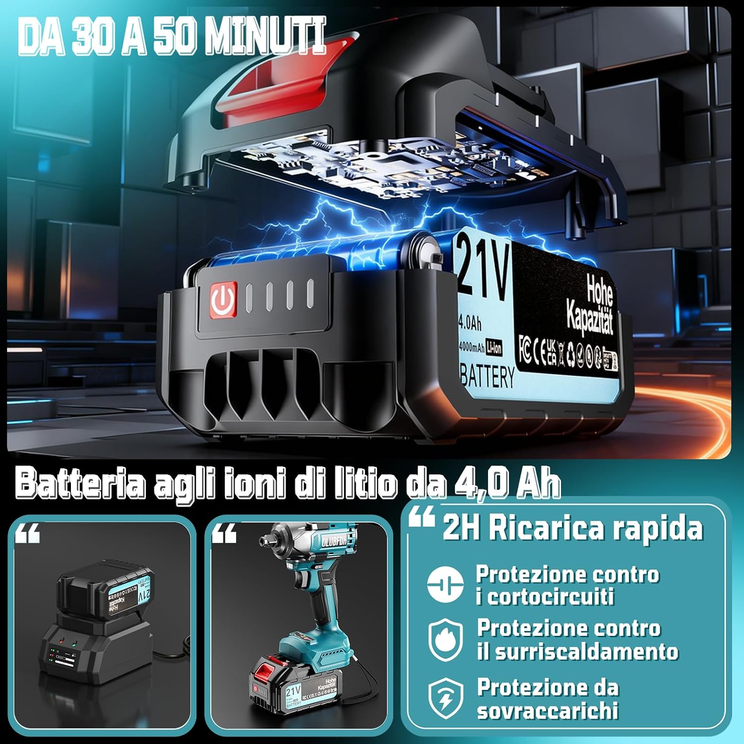 Detalle de Olubfdh Avvitatore a Impulsi Brushless 21V, 500 Nm, 3-in-1 con Batteria 4,0 Ah e Caricabatterie
