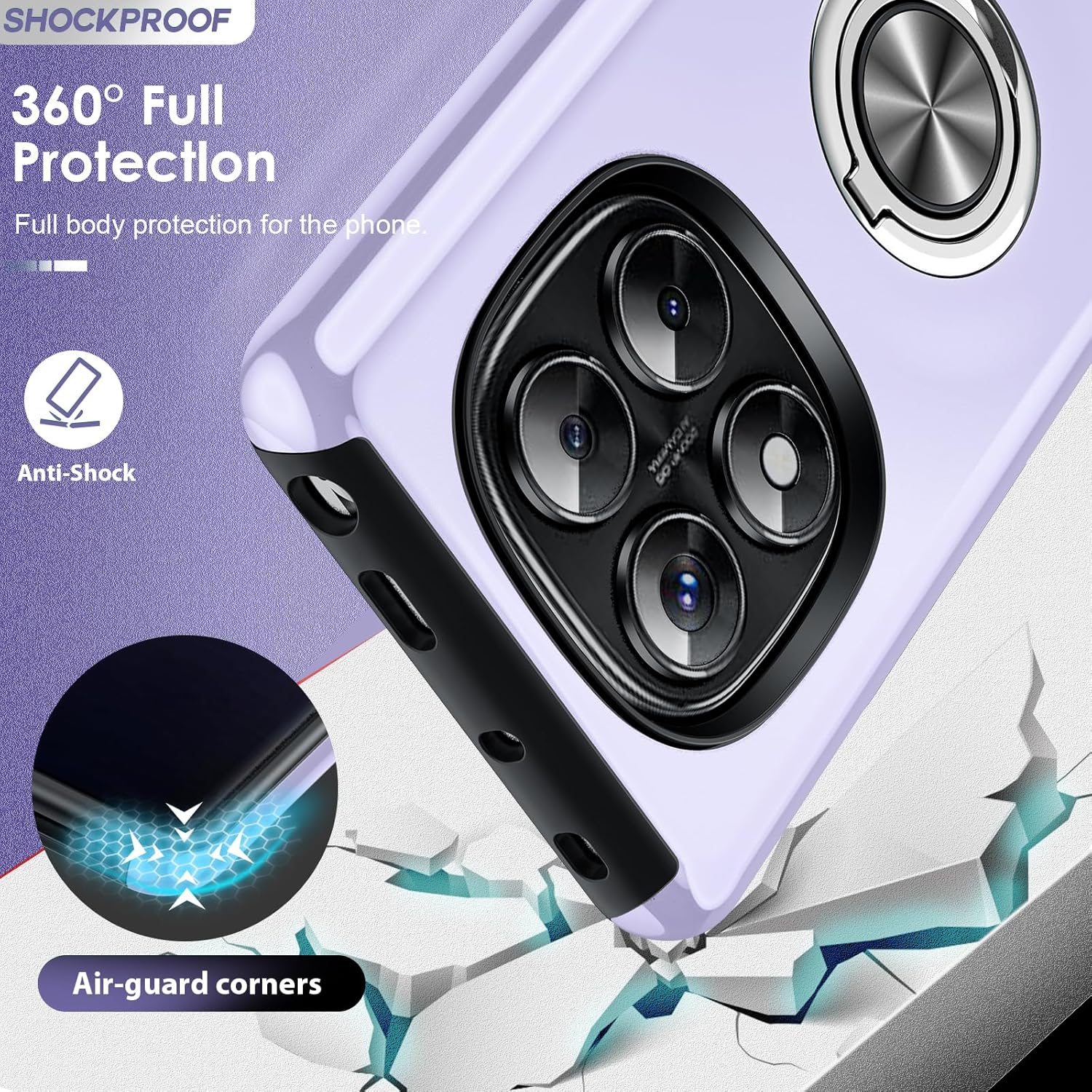Detalle de Coque LeYi pour Xiaomi Redmi Note 14 Pro 5G/4G et Note 14 Pro Plus 5G – TPU/PC, anneau invisible, protection antichoc, mauve