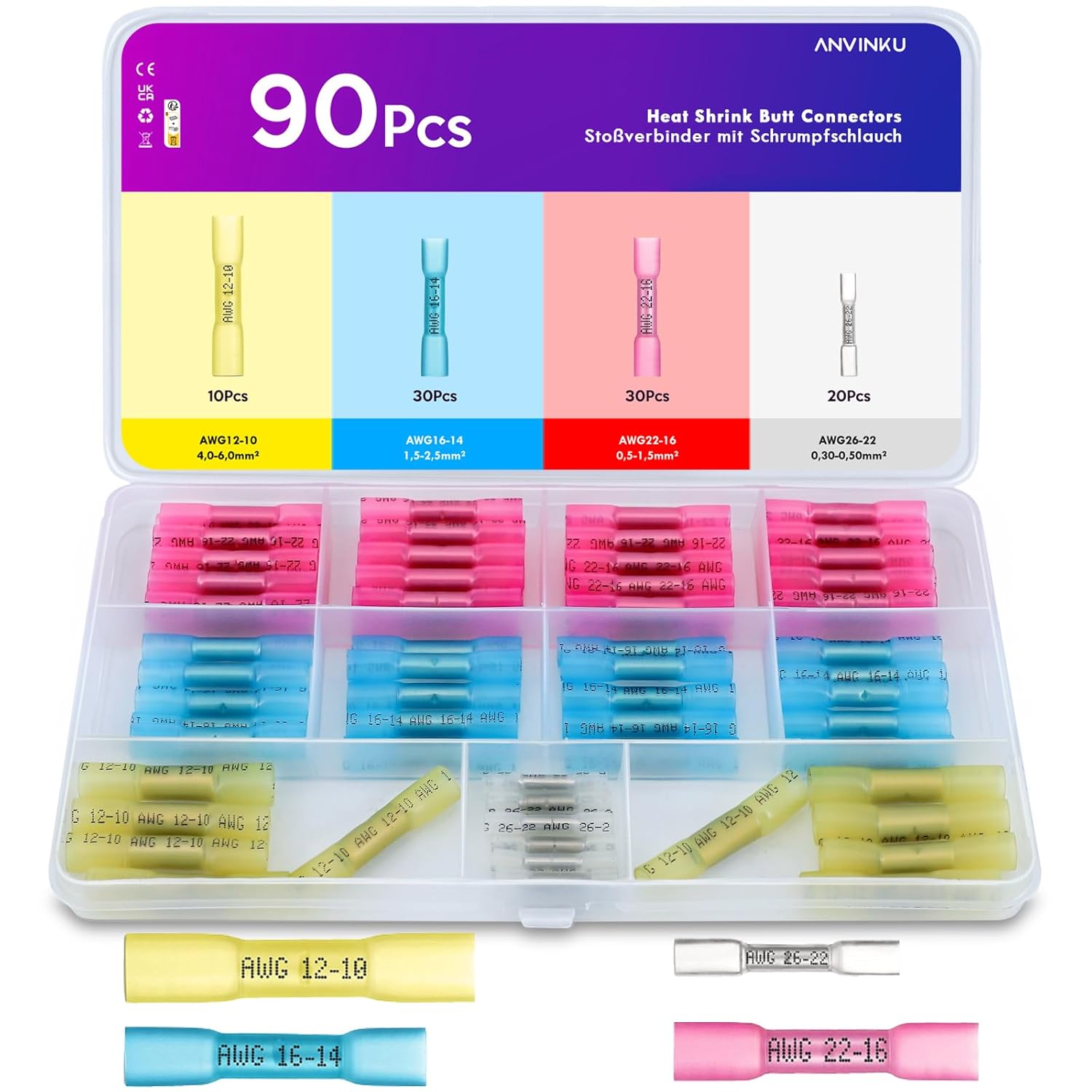 Thumbnail 6 de Stoßverbinder-Set ANVINKU mit Schrumpfschlauch, 210 Stück (4 Kabelfarben) für 10–26 AWG