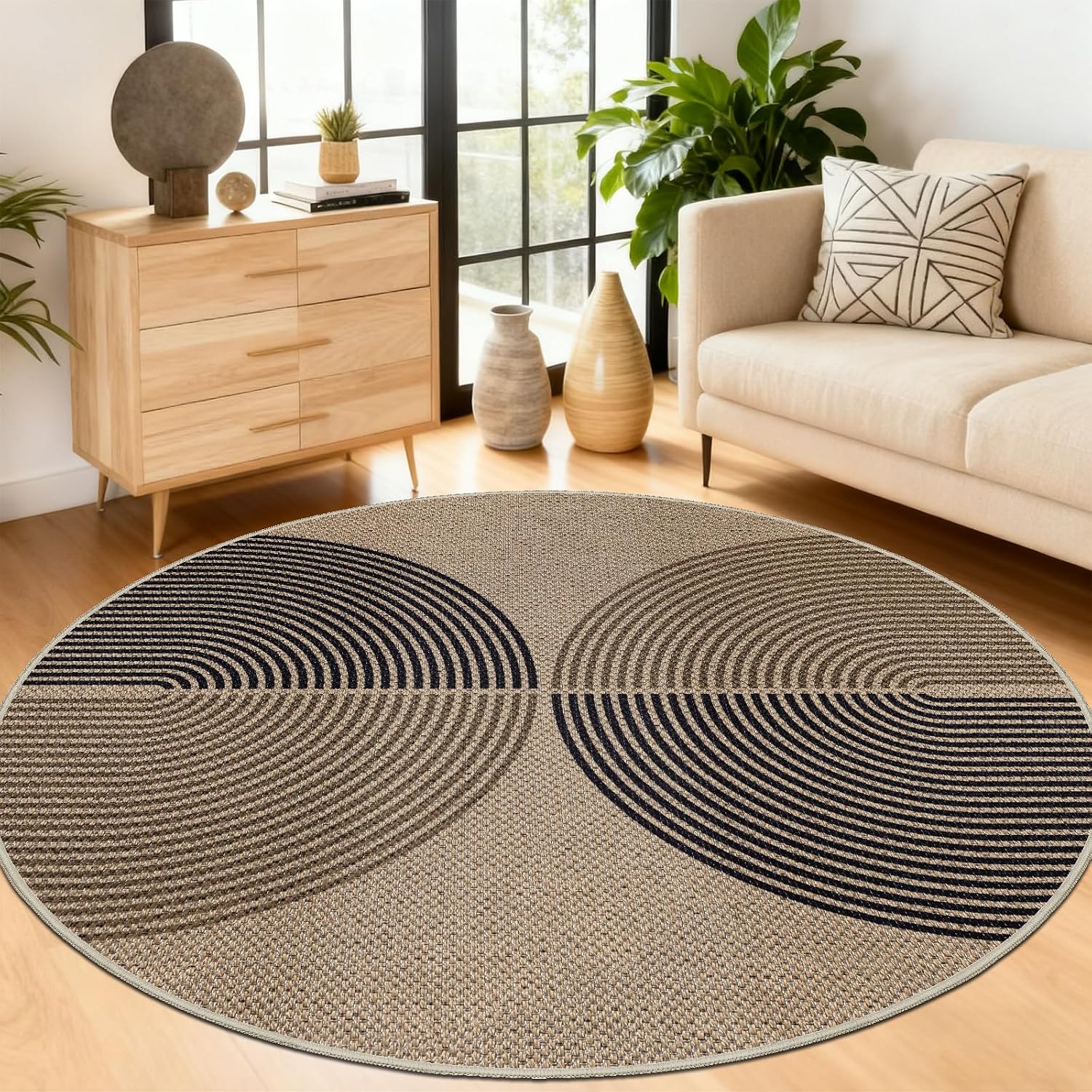 Detalle de Capslpad rond vloerkleed 160 cm, jute-look, zwart-bruin, antislip en wasbaar