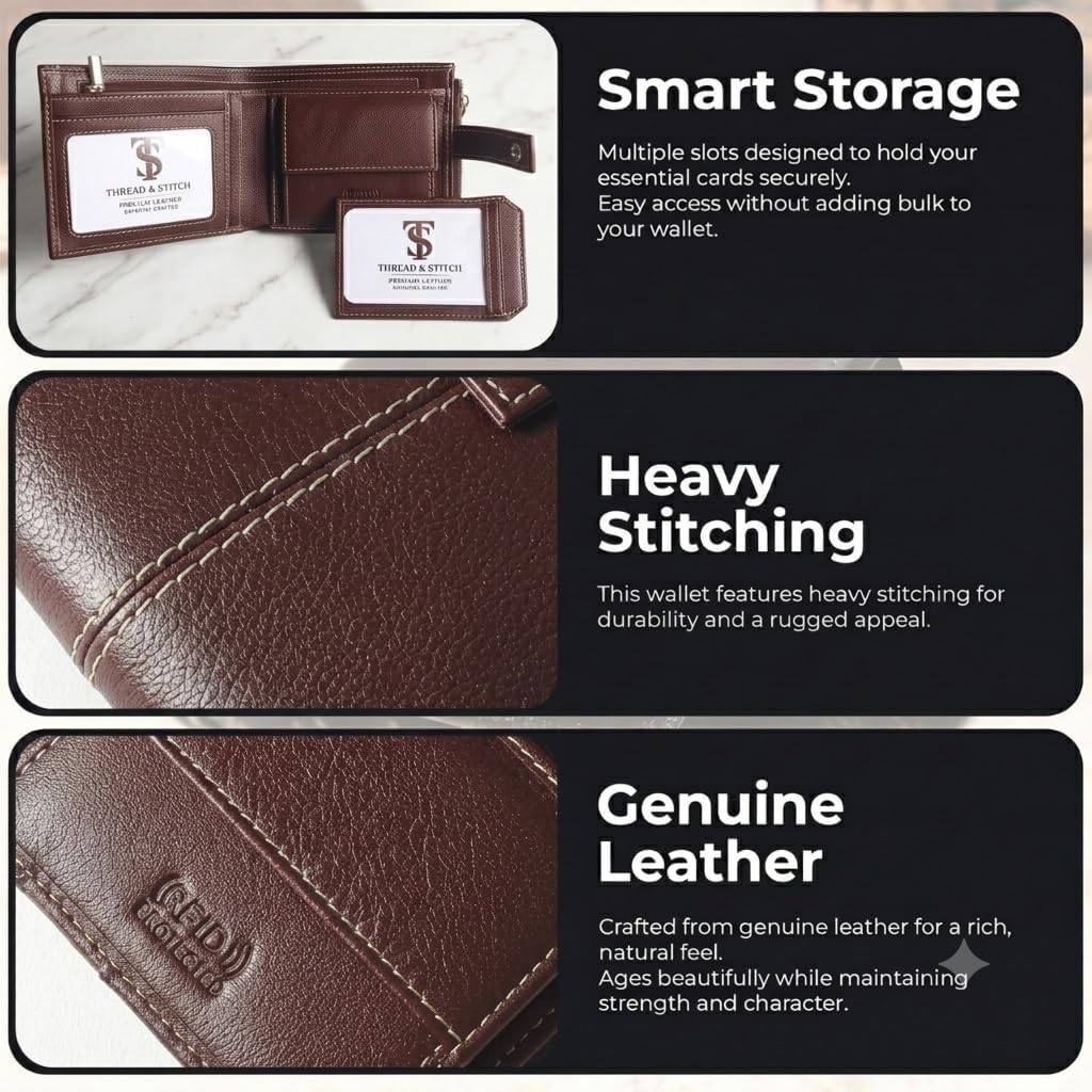 Detalle 2 de Thread & Stitch Genuine Leather Wallet for Men – Bifold, RFID Blocking, 10 Card Slots