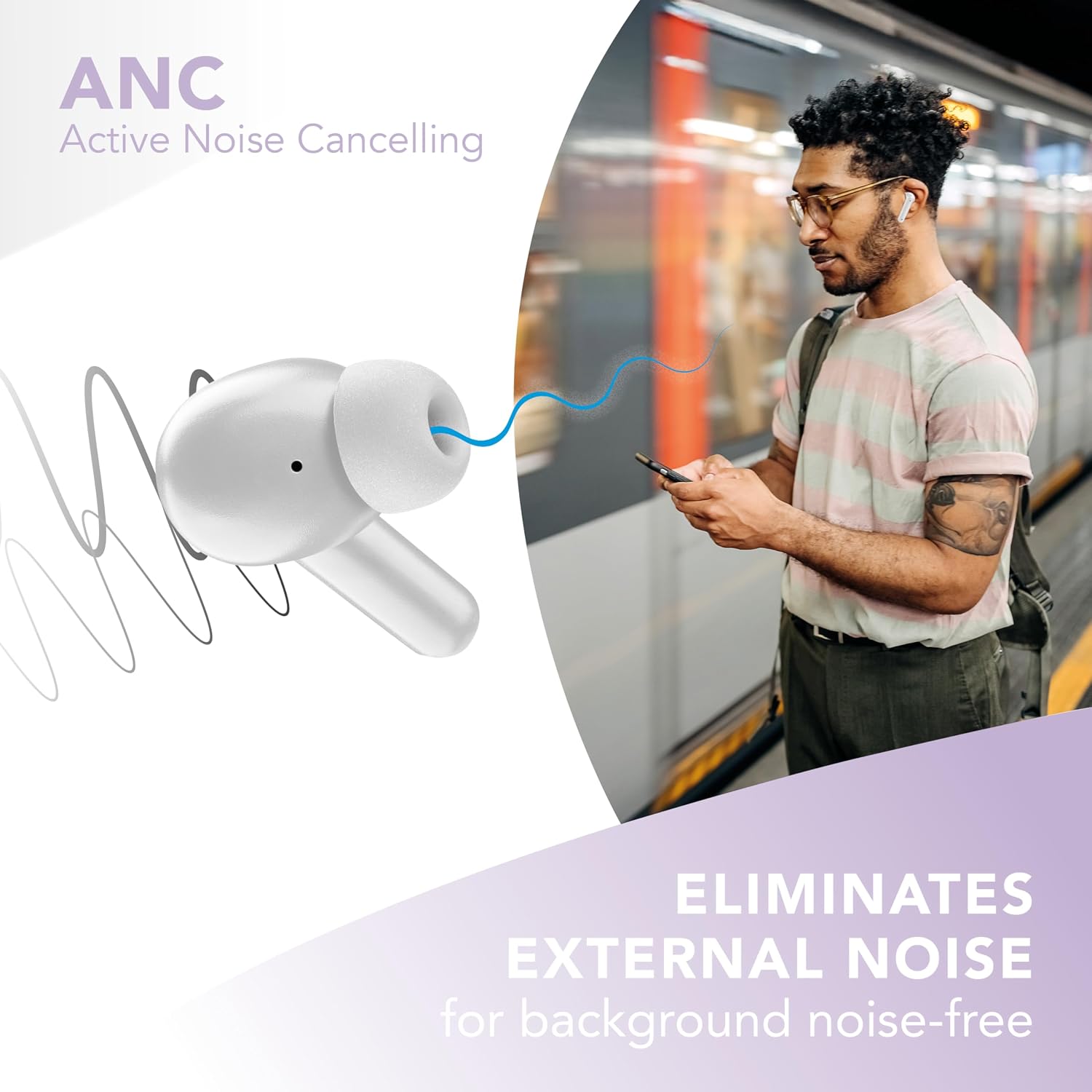 Detalle de Music Sound Numia: kabellose In-Ear-Kopfhörer mit ANC, Transparenzmodus und 30 Stunden Laufzeit – violett