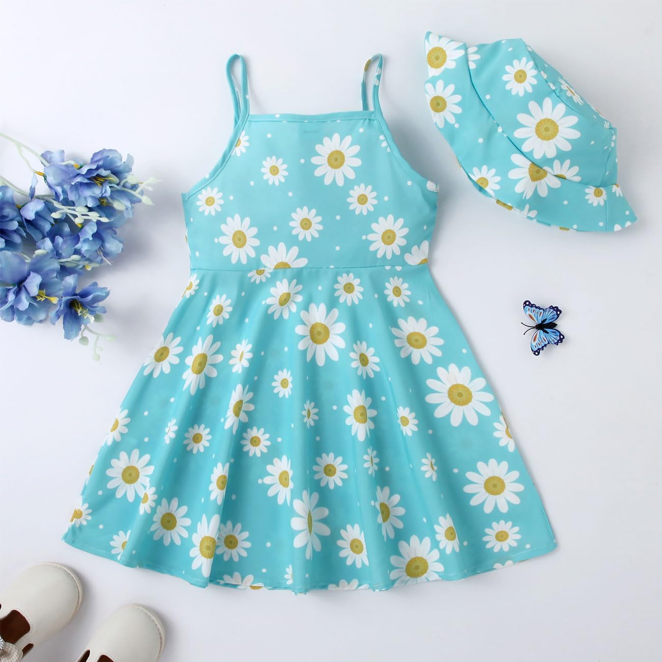 Thumbnail 1 de KONFEN Baby Girl Dress Set with Daisy Hat — Sleeveless Floral Dress for 0-3 Years (Green/Pink)