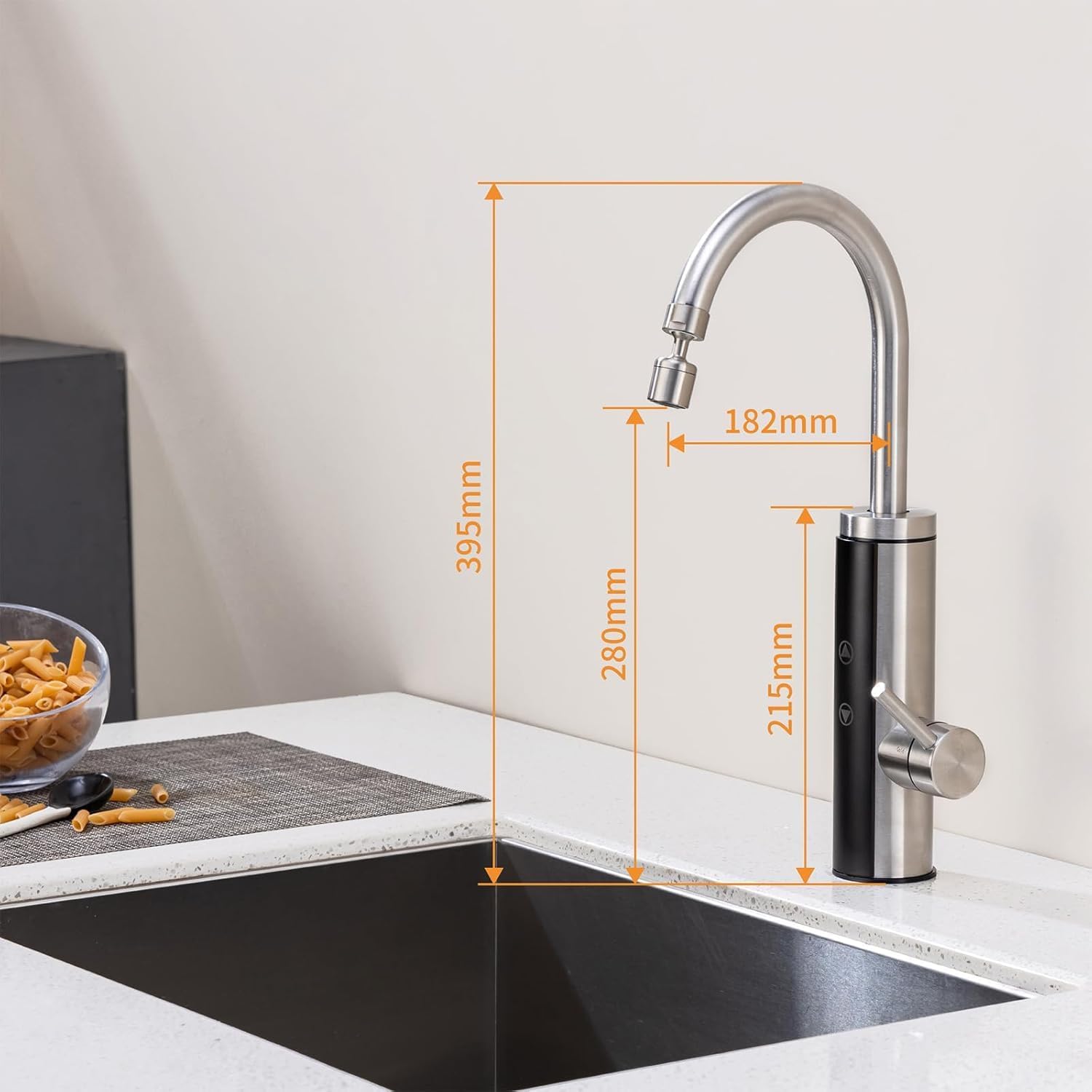Detalle de HOMELODY Elektrischer Wasserhahn mit Durchlauferhitzer 230V – Präzises Touch-Display, Edelstahl & 360° Auslauf