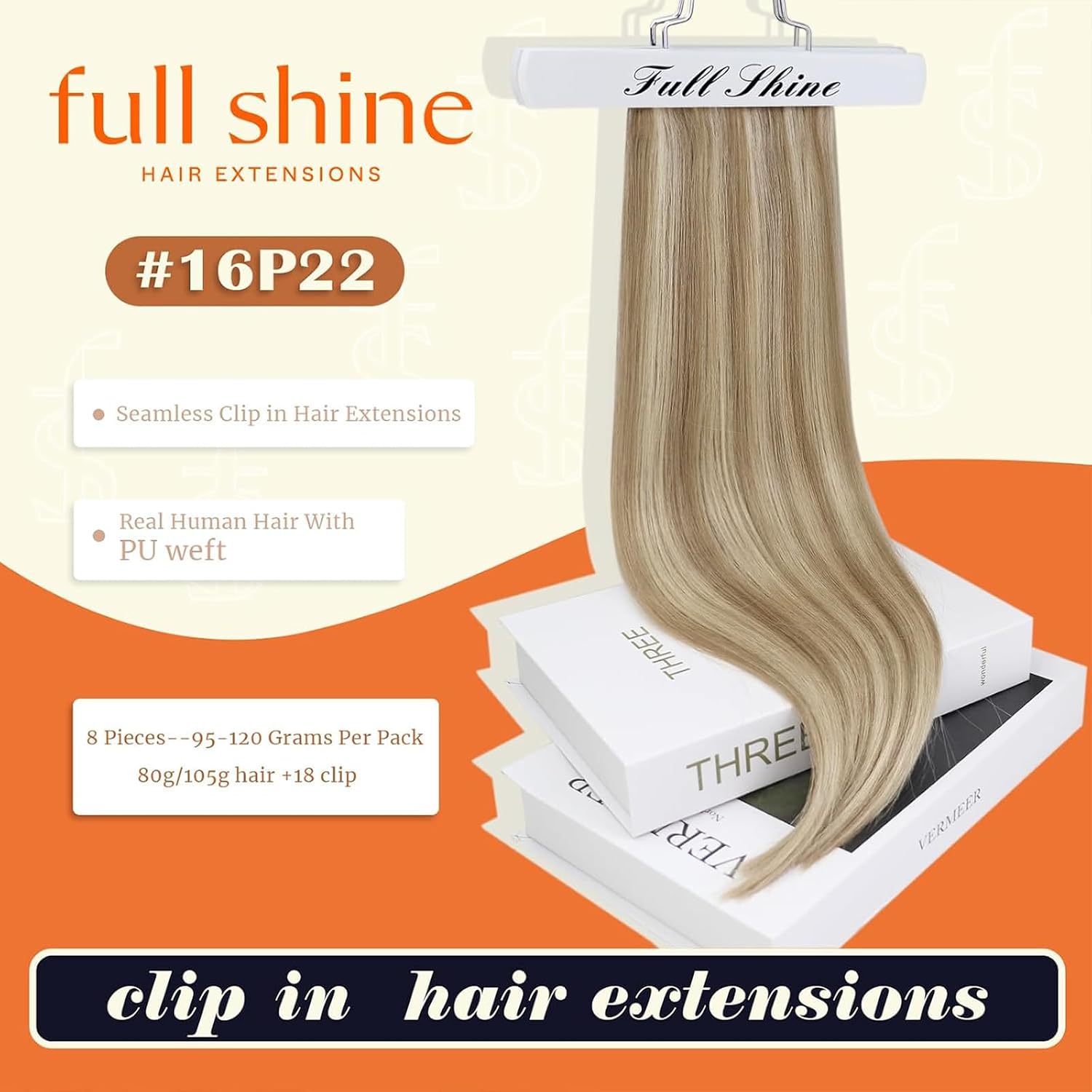 Detalle de Full Shine Blonde Clip-In Hair Extensions, 20 Inch, 150g, 8 Pcs