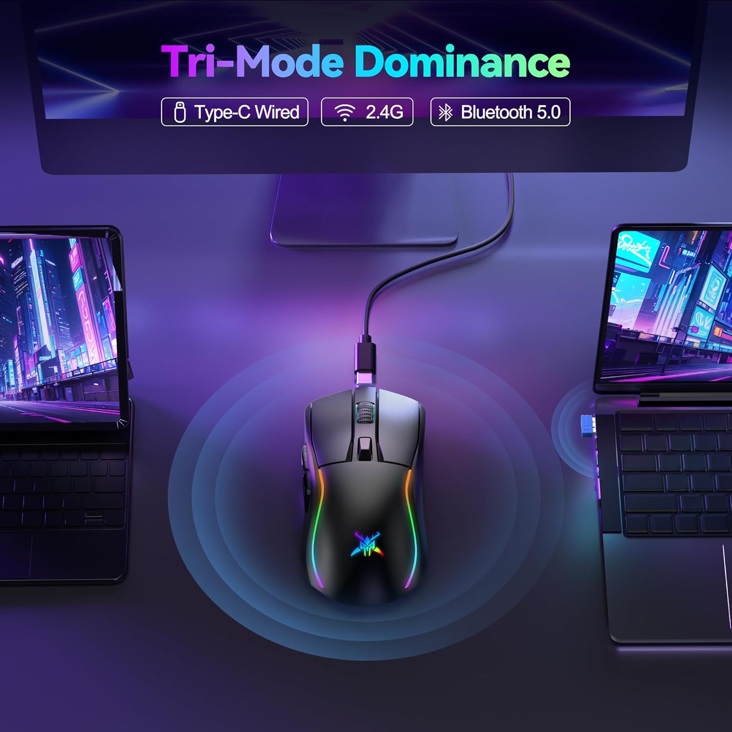 Thumbnail 2 de TECKNET Souris Gamer sans fil Tri-Mode 24000 DPI (Bluetooth/2.4G/USB-C) rechargeable, 6 boutons programmables et RGB