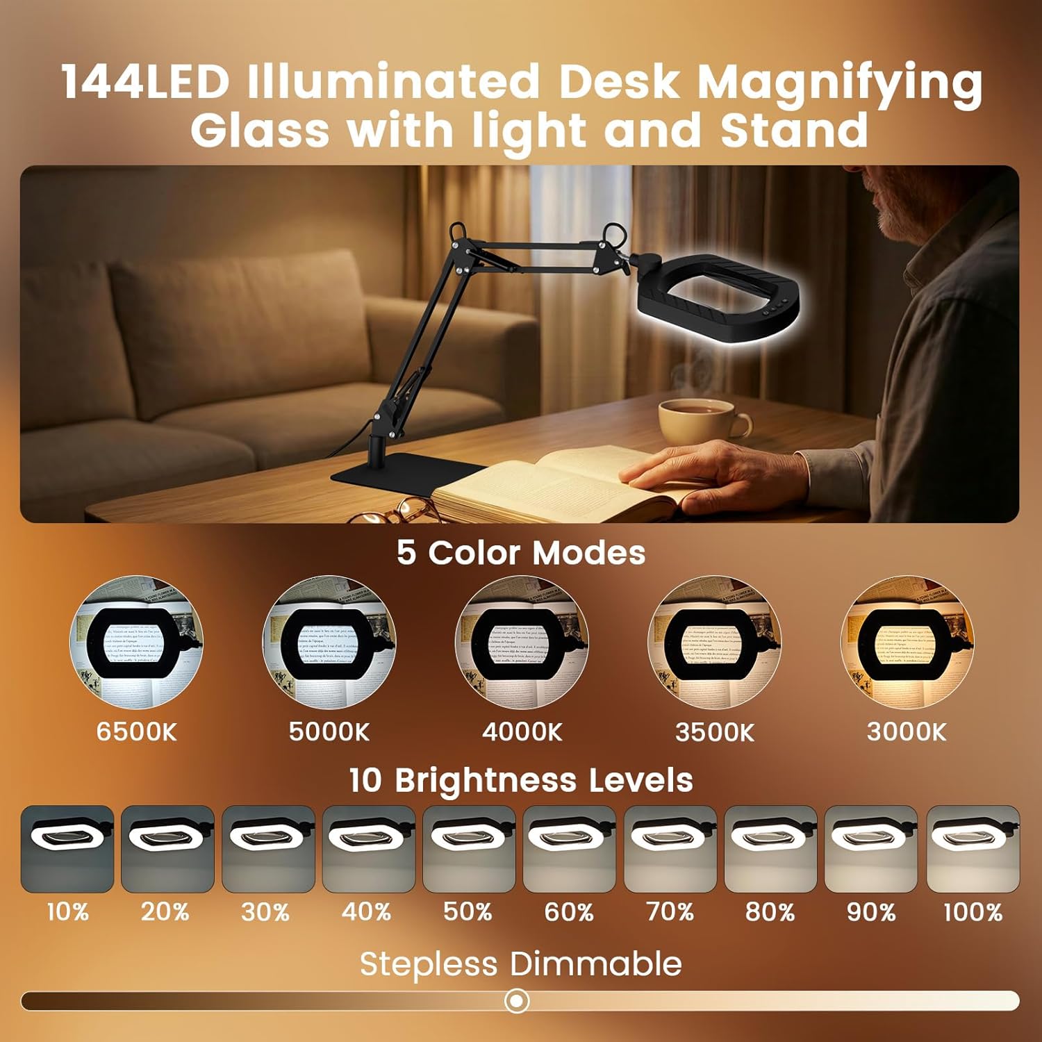 Thumbnail 1 de Magnifying glass with light and stand for reading – 12x USB-powered desk magnifier for crafts
