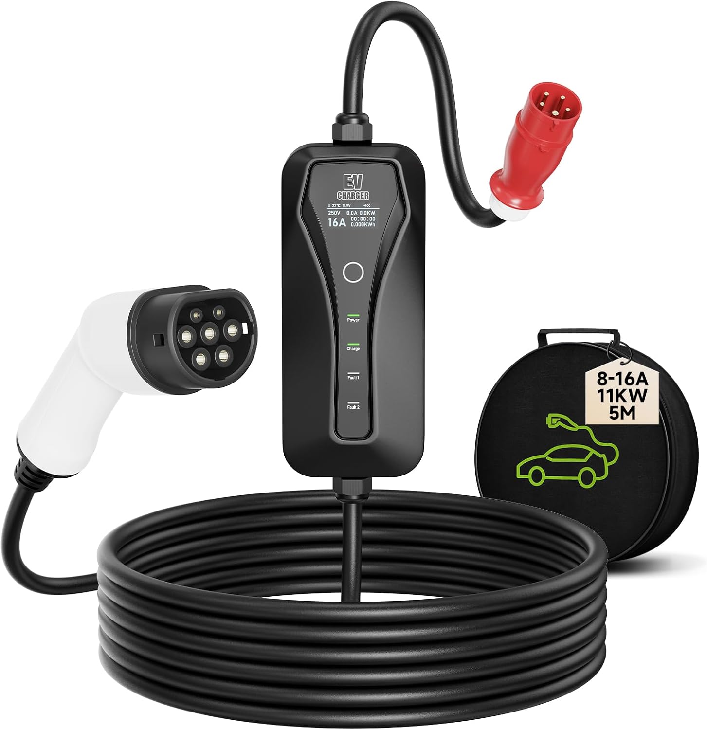 Detalle de AFYEEV CEE Ladekabel Typ 2, 11 kW, 5 m, 8/10/13/16 A einstellbar, inklusive Tasche