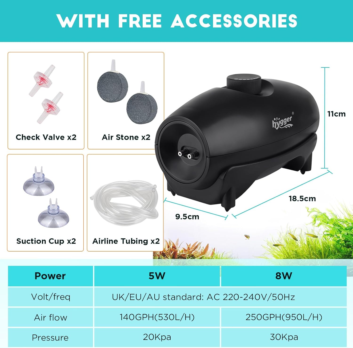 Detalle 2 de hygger Aquarium Luftpumpe 530L/H