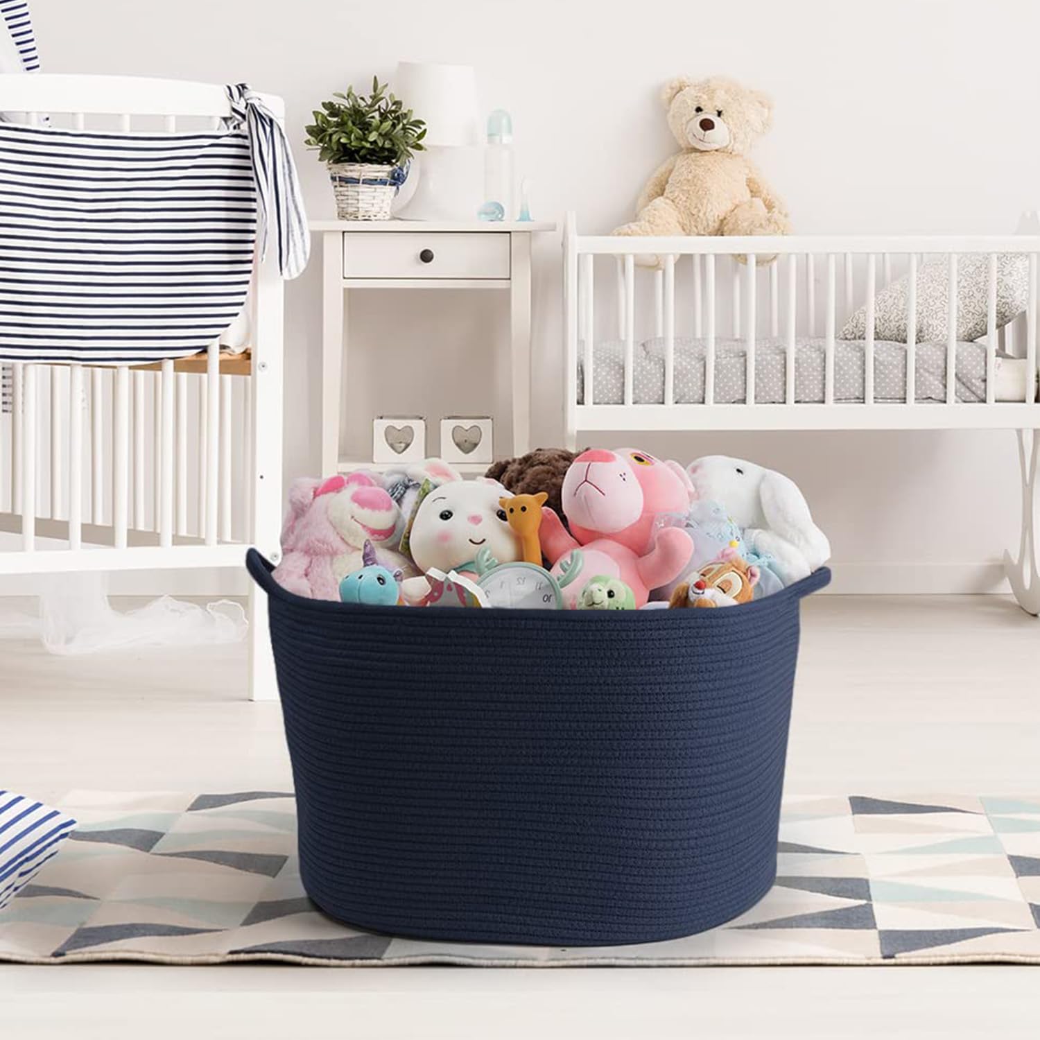 Detalle de Maliton faltbarer Aufbewahrungskorb für Kleidung & Bettwäsche (D50 x H33 cm) mit 4 Taschen – Baumwollseil, Marineblau