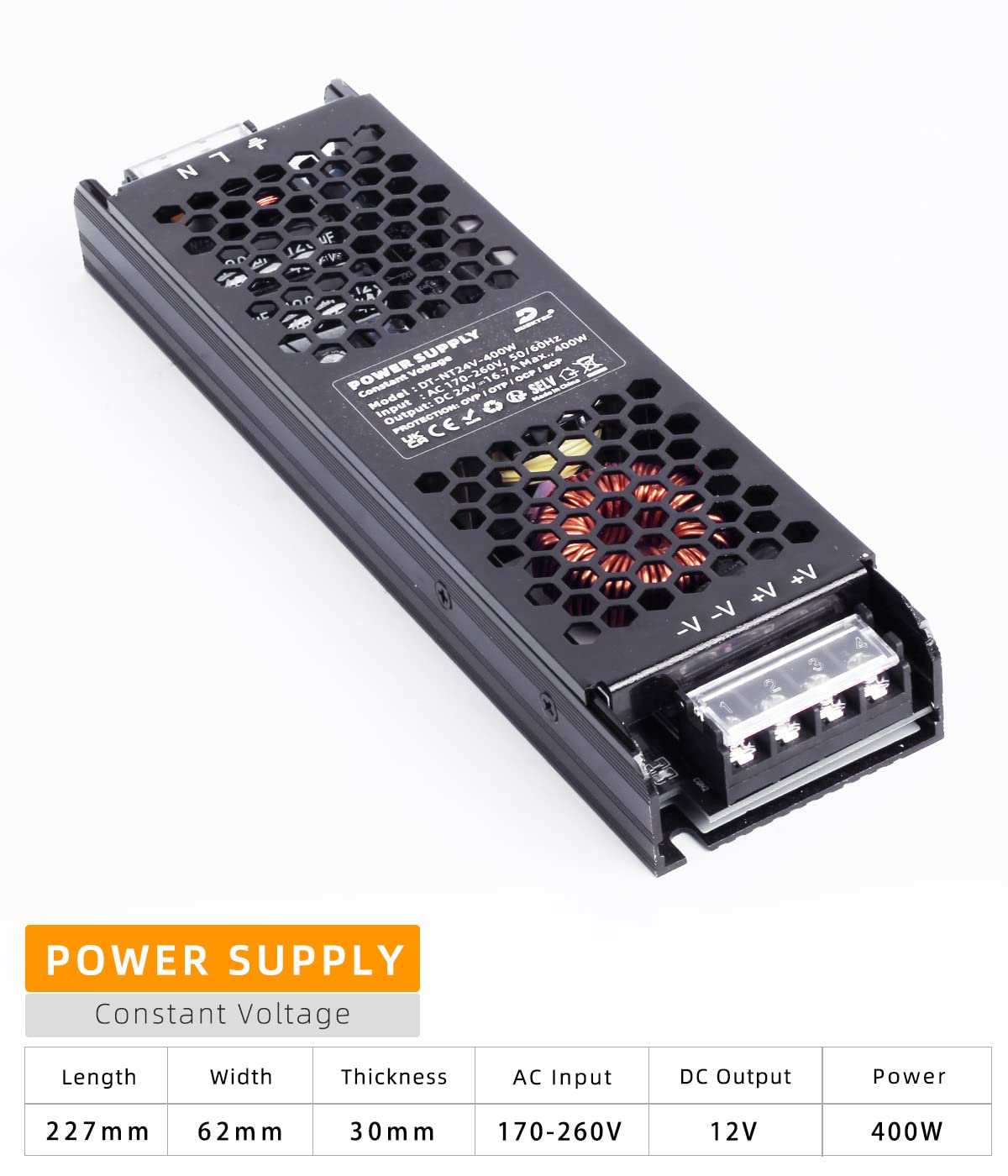 Detalle de DUSKTEC 24V 400W LED Driver Transformer – Slim, Non-Dimmable Power Supply for 24V LED Lighting