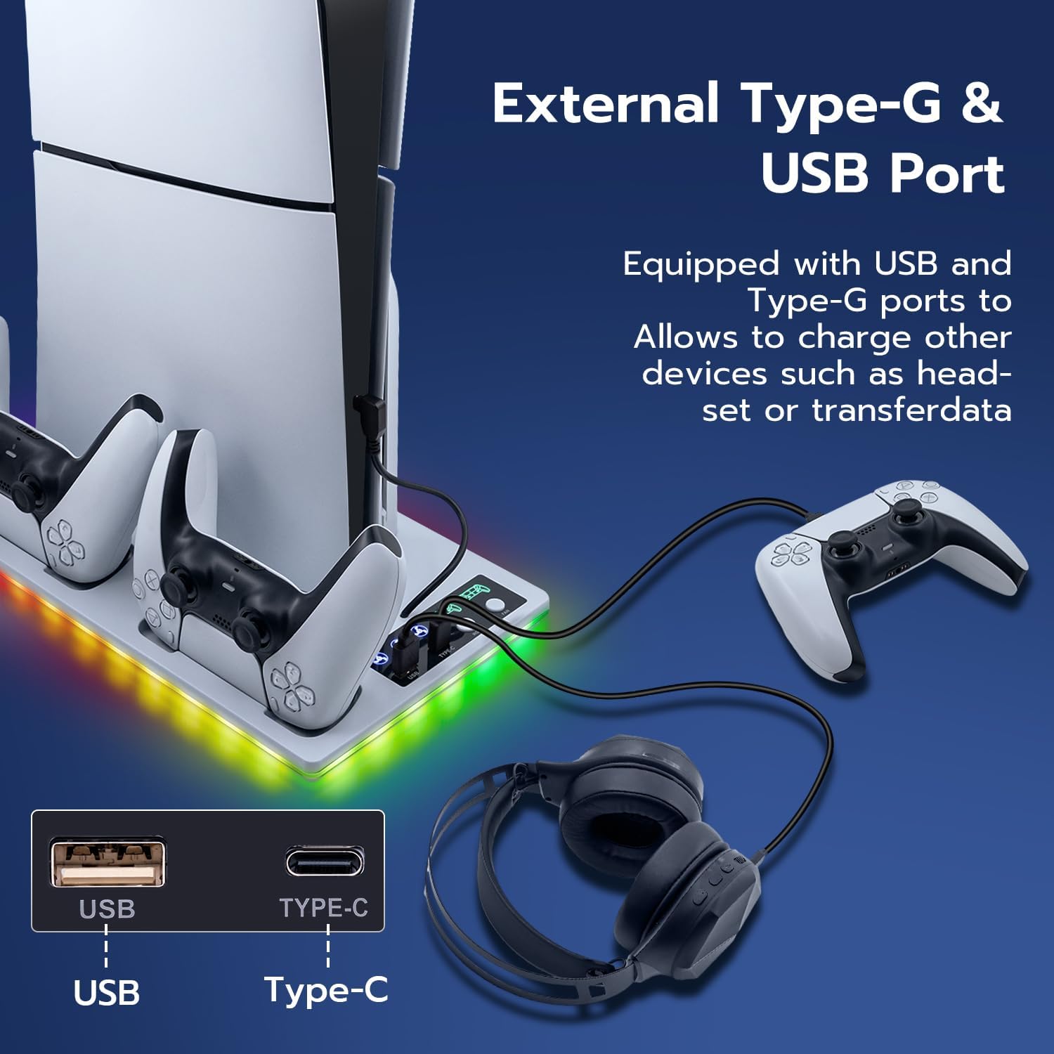 Detalle 2 de Tolesum Support station de recharge pour manettes PS5 Pro / Slim avec ventilateur 3 vitesses et éclairage RVB (blanc)