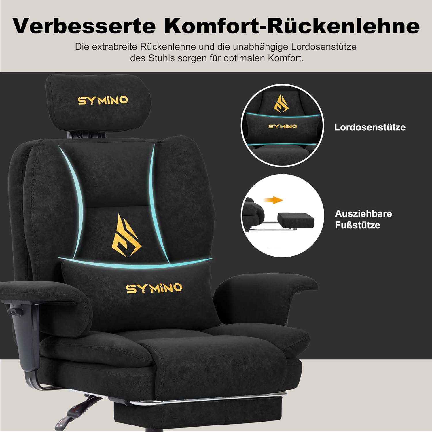 Thumbnail 4 de Symino Gaming-Stuhl Chefsessel: ergonomischer Bürostuhl mit Fußstütze und 90–155° Rückenlehne