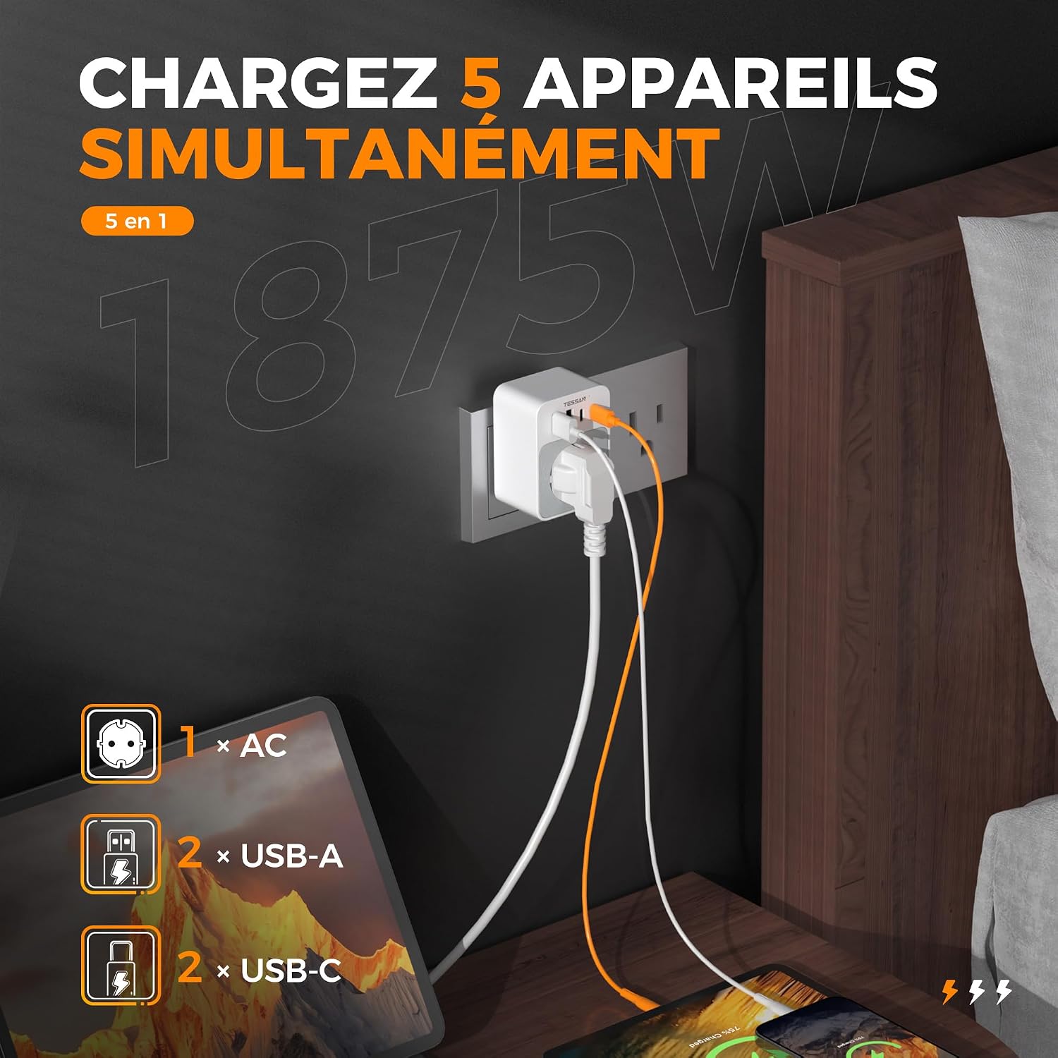Detalle de TESSAN Adaptateur prise USA 5 en 1 avec 2 USB-C et 2 USB-A (Type B) — charge rapide 20W