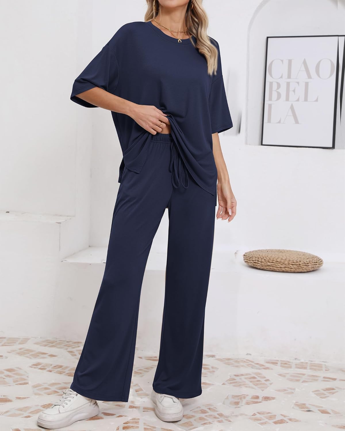 Detalle de AmazingStar Womens Lounge Set 2026 Summer 2 Piece Outfit: Oversized Short Sleeve Top & Wide Leg Pants