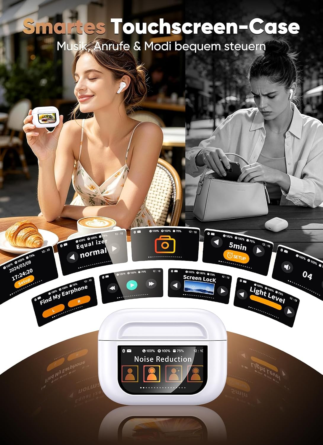 Detalle de ZZU Kopfhörer Kabellose Bluetooth 5.4 mit Smart Touchscreen – ANC, ENC, 48 Std Laufzeit, IPX7, Weiß