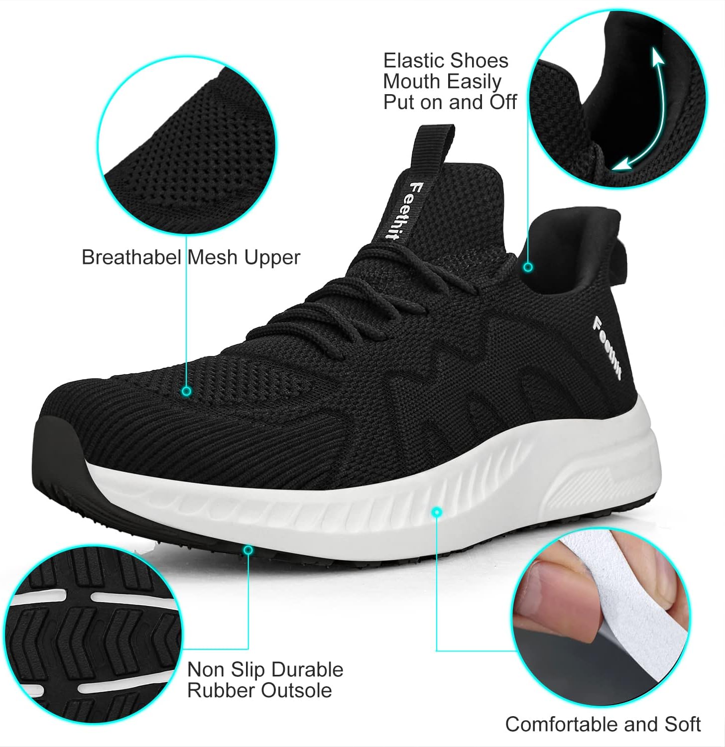 Detalle 2 de Feethit Mens Non Slip Walking Sneakers: Lightweight Breathable Slip-On Athletic Shoes