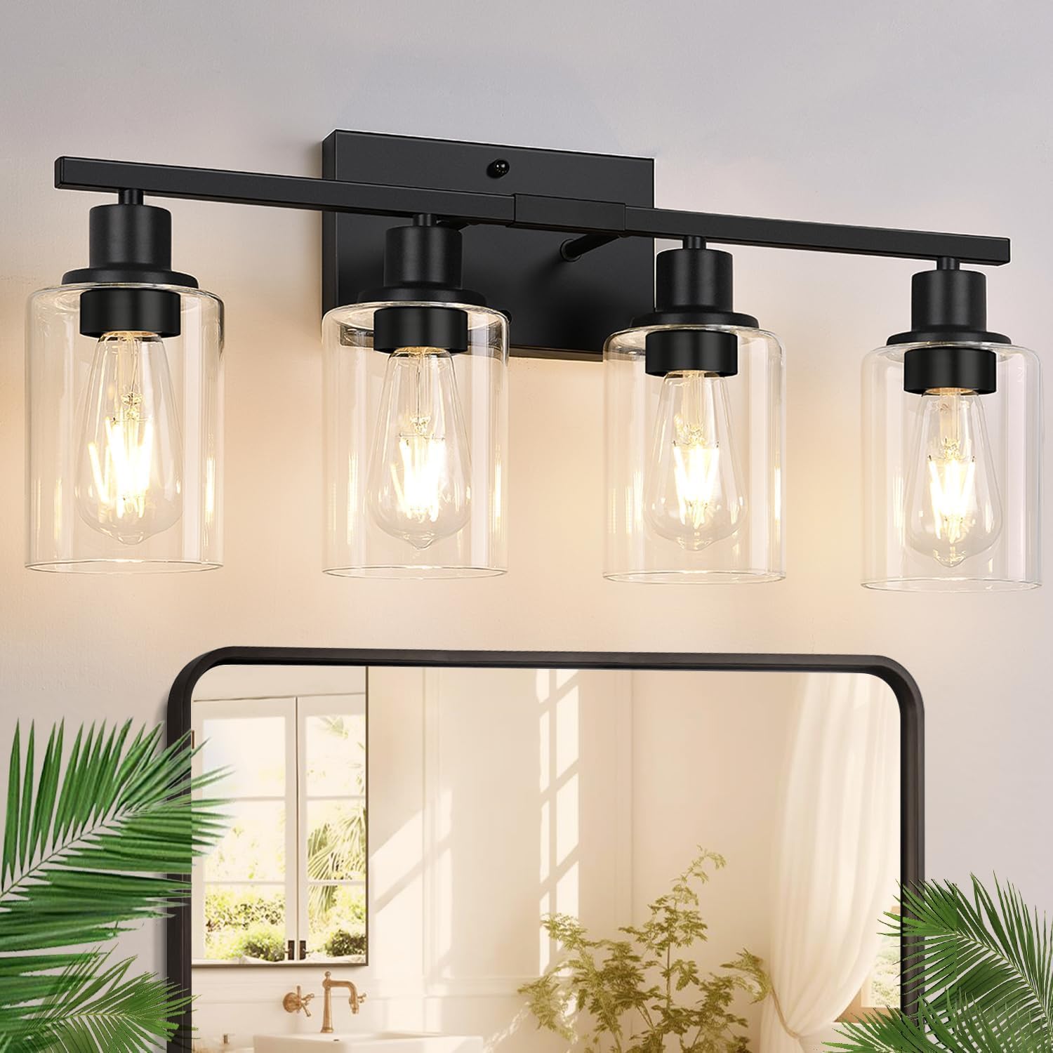 Detalle de Indoi 4-Light Matte Black Bathroom Light Fixtures with Clear Glass Shades