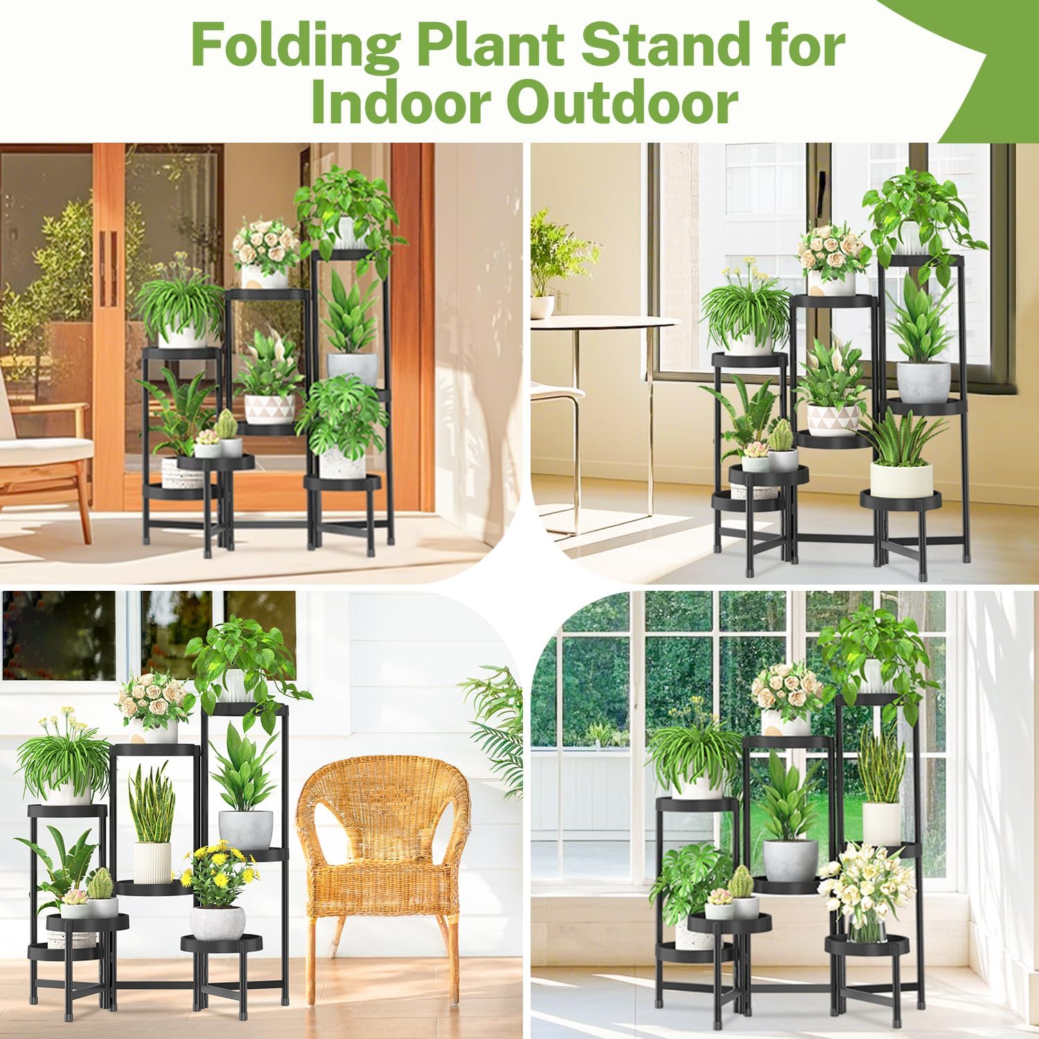 Detalle 2 de iDavosic.ly 8-Tier Folding Plant Stand, Black Metal Rack with Plastic Trays