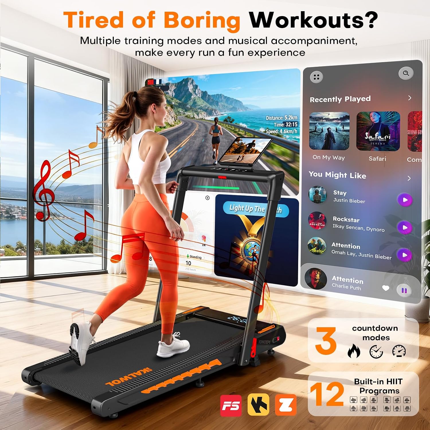 Detalle de KALWOL 6-in-1 Foldable Treadmill with Speaker, App Compatibility and 10% Incline