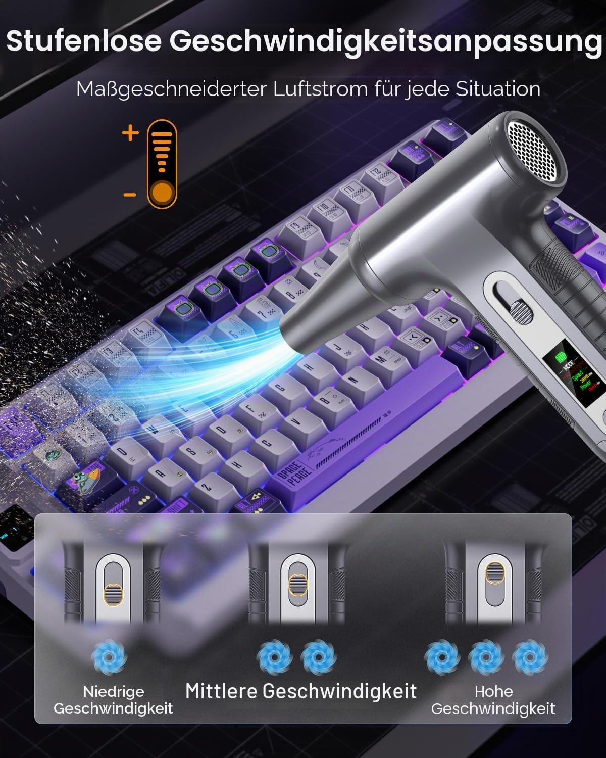 Detalle de Elektrische Staubgebläse 200000 U/min mit HD-Display – Air Duster Mini-Gebläse für PC-Reinigung (Modell W06, Silber)