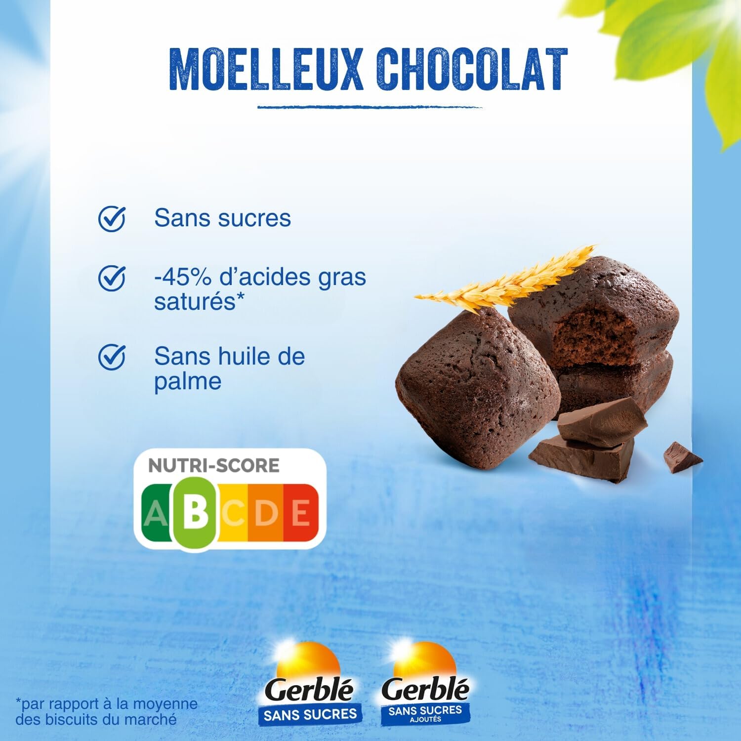 Detalle de Gerblé Moelleux Tout Chocolat Sans Sucres – Gâteau Individuel Gourmand, sans huile de palme, 7 sachets (196 g)