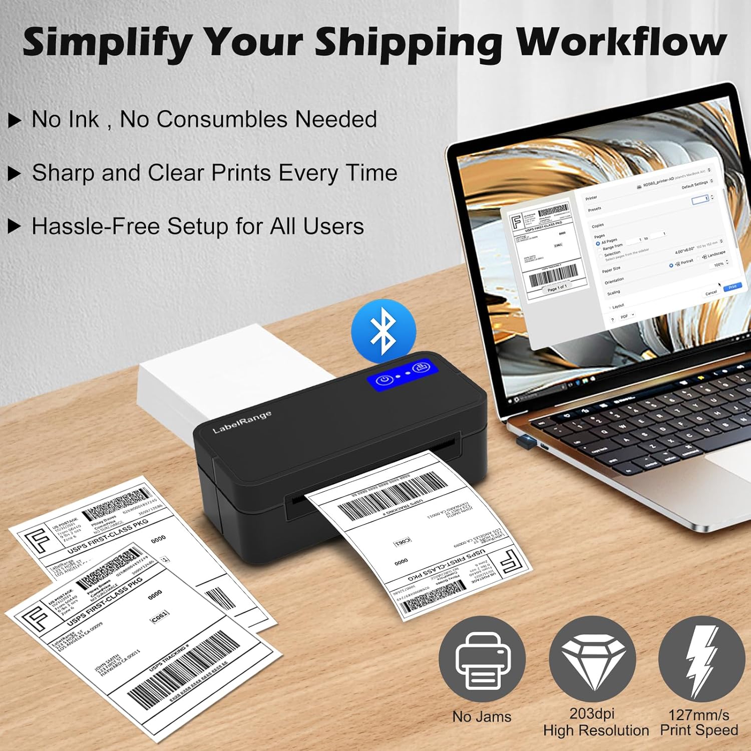 Thumbnail 2 de LabelRange Bluetooth Thermal Label Printer for Mac, Windows, iOS, and Android (Wireless 4x6 Shipping Labels)