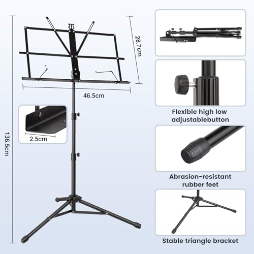 Detalle de New Bee Notenständer Klappbar Stabil 2 in 1 – höhenverstellbar, 180° neigbar, Tragetasche