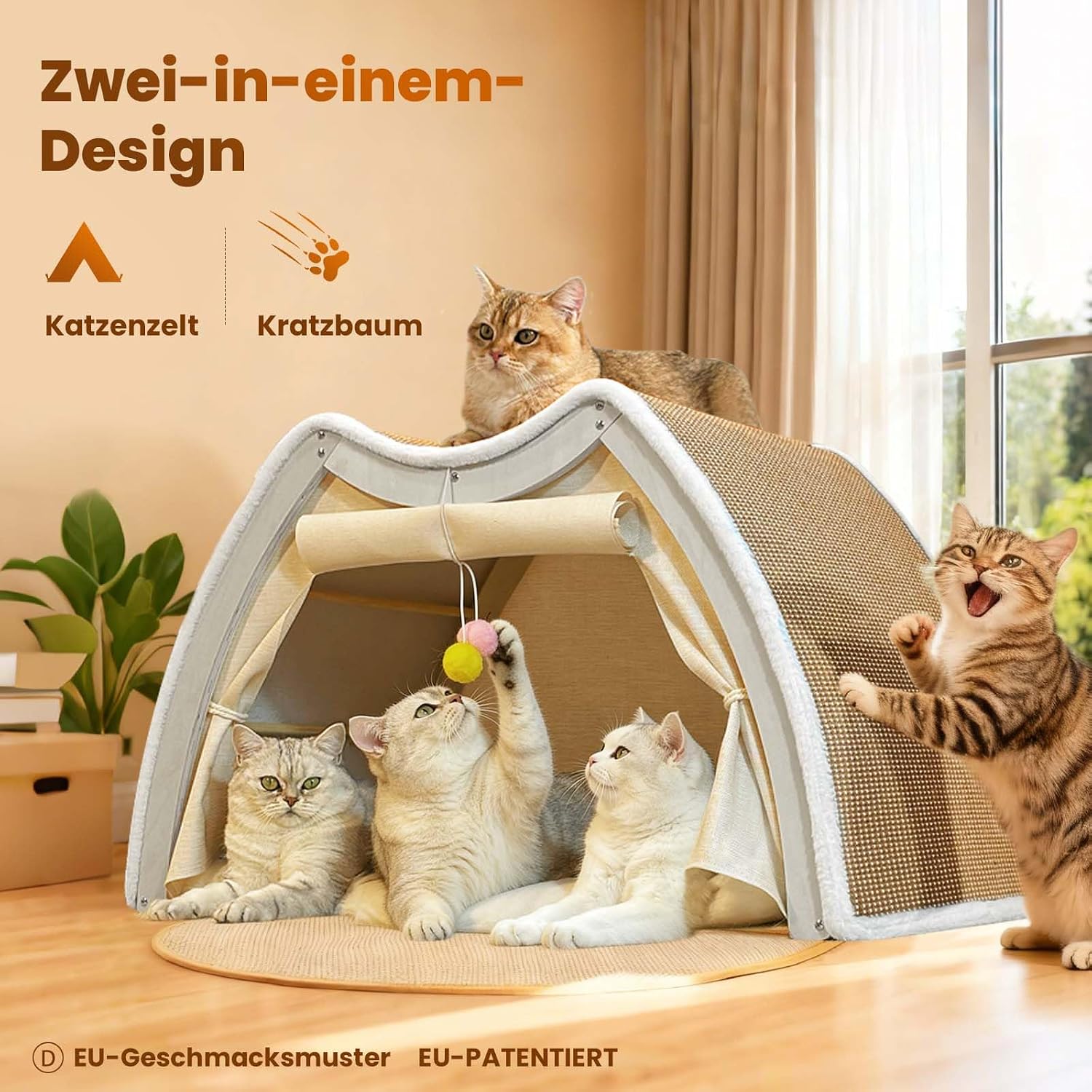Detalle de Katzenzelt Sisal Kratzhaus: 2-in-1 Katzenhaus & Kratzbrett (Beige, 62x50x43 cm)