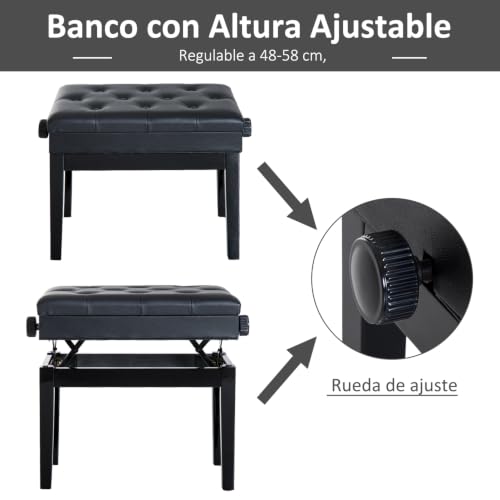 Thumbnail 3 de HOMCOM Banco de Piano con Storage y Patas de Madera, 54,5x33x48-58 cm Negro