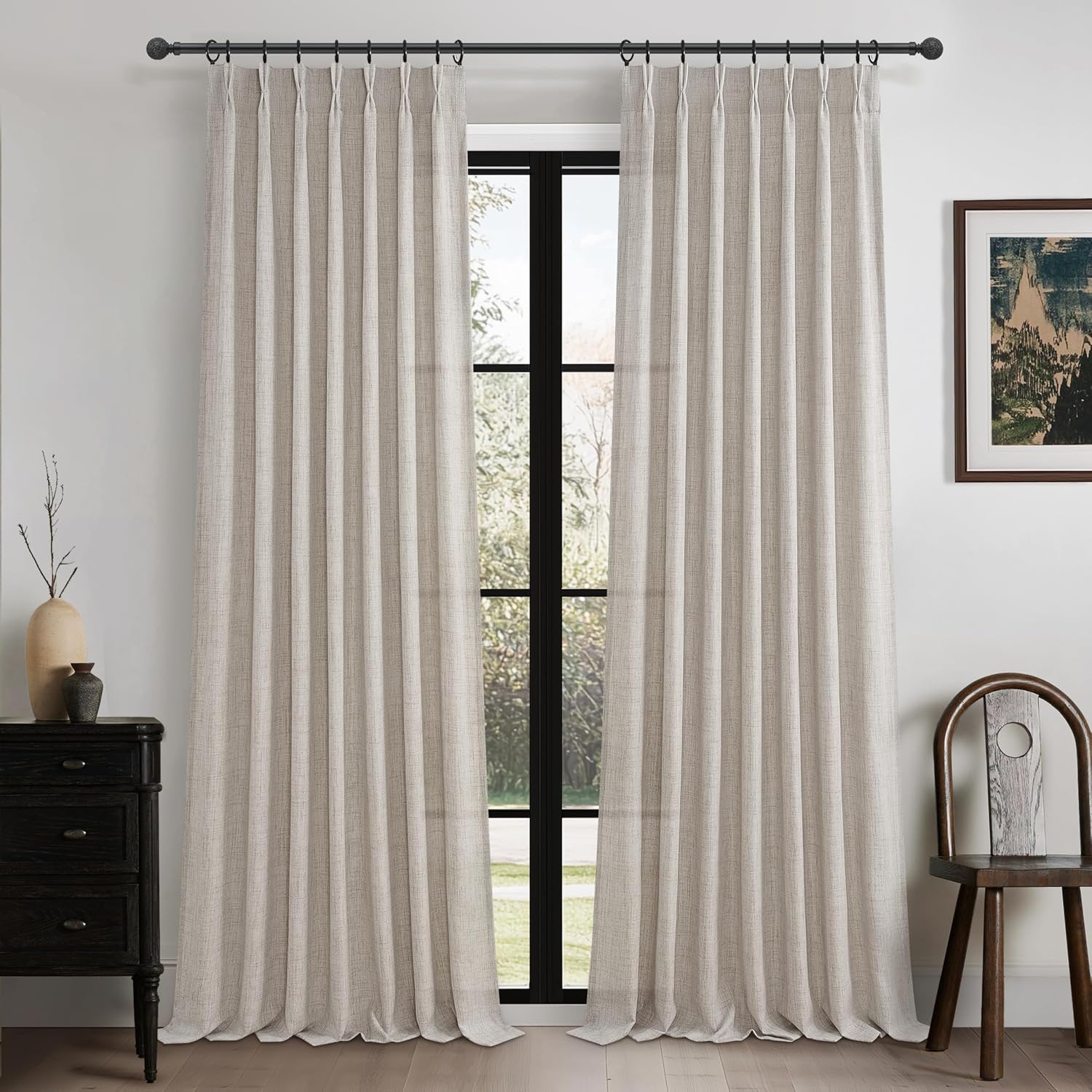 Detalle de Grayish Brown Thick Burlap Semi Sheer Curtains 96 Inches Long – 2 Panels Set